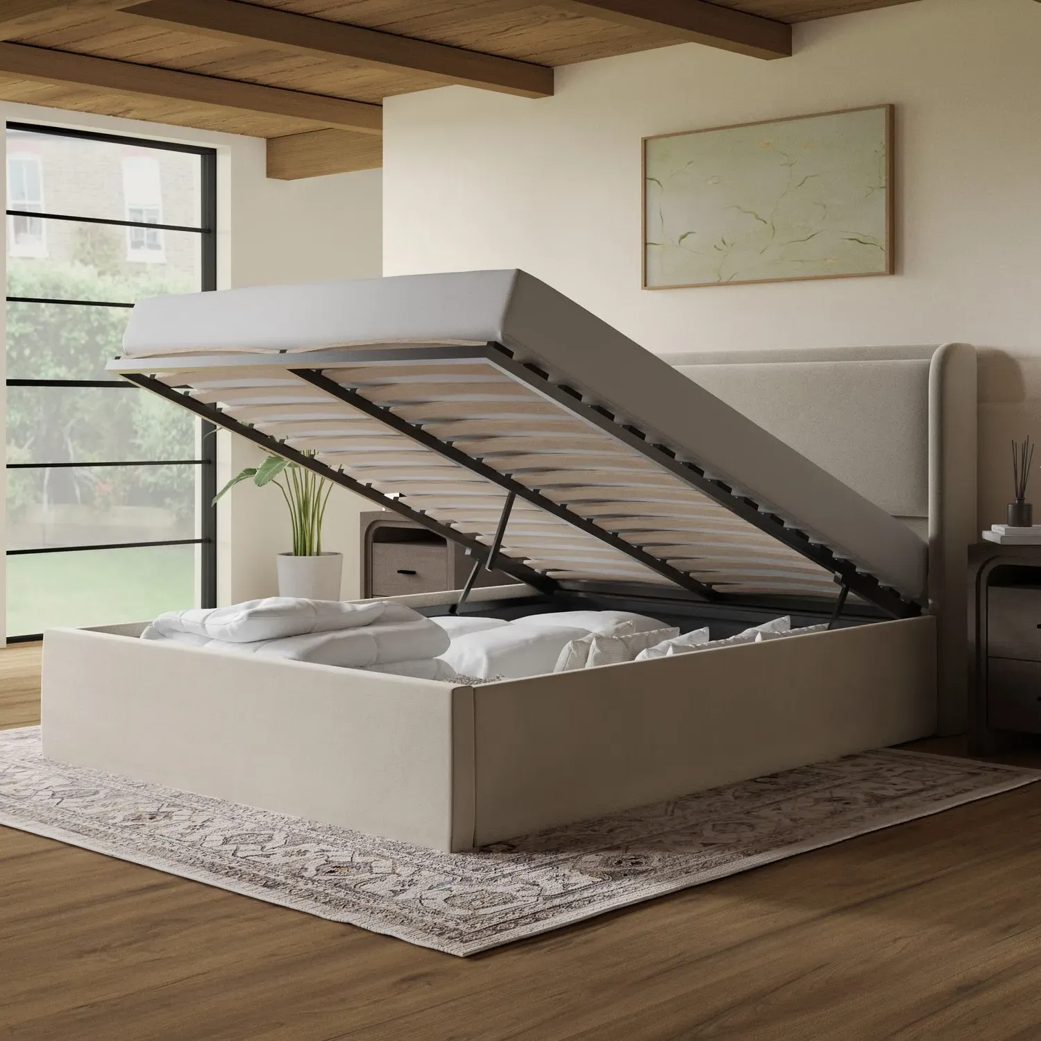 King Size Ottoman Bed with Storage - Beige, Velvet