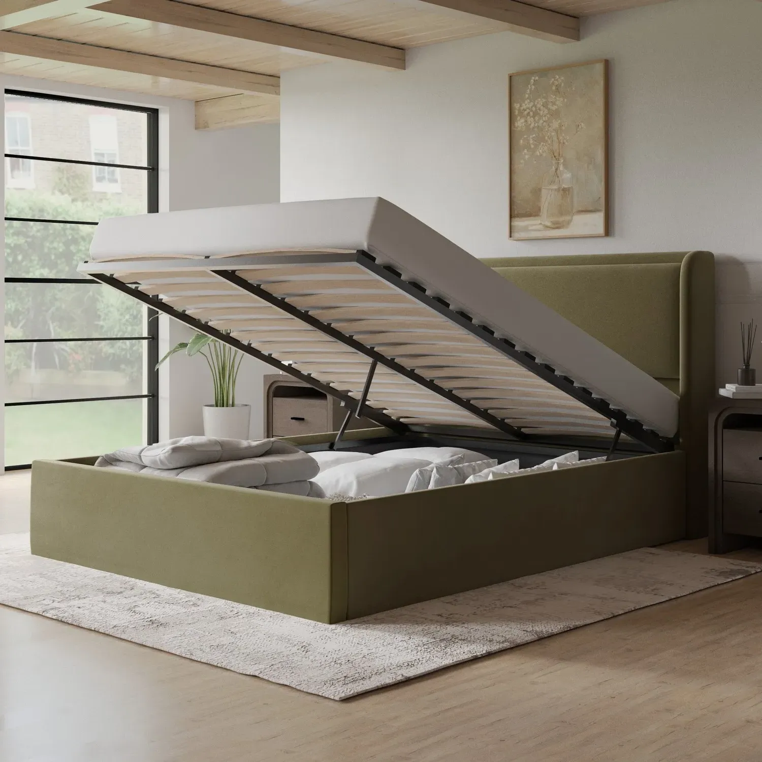 King Size Ottoman Bed with Storage - Green, Velvet