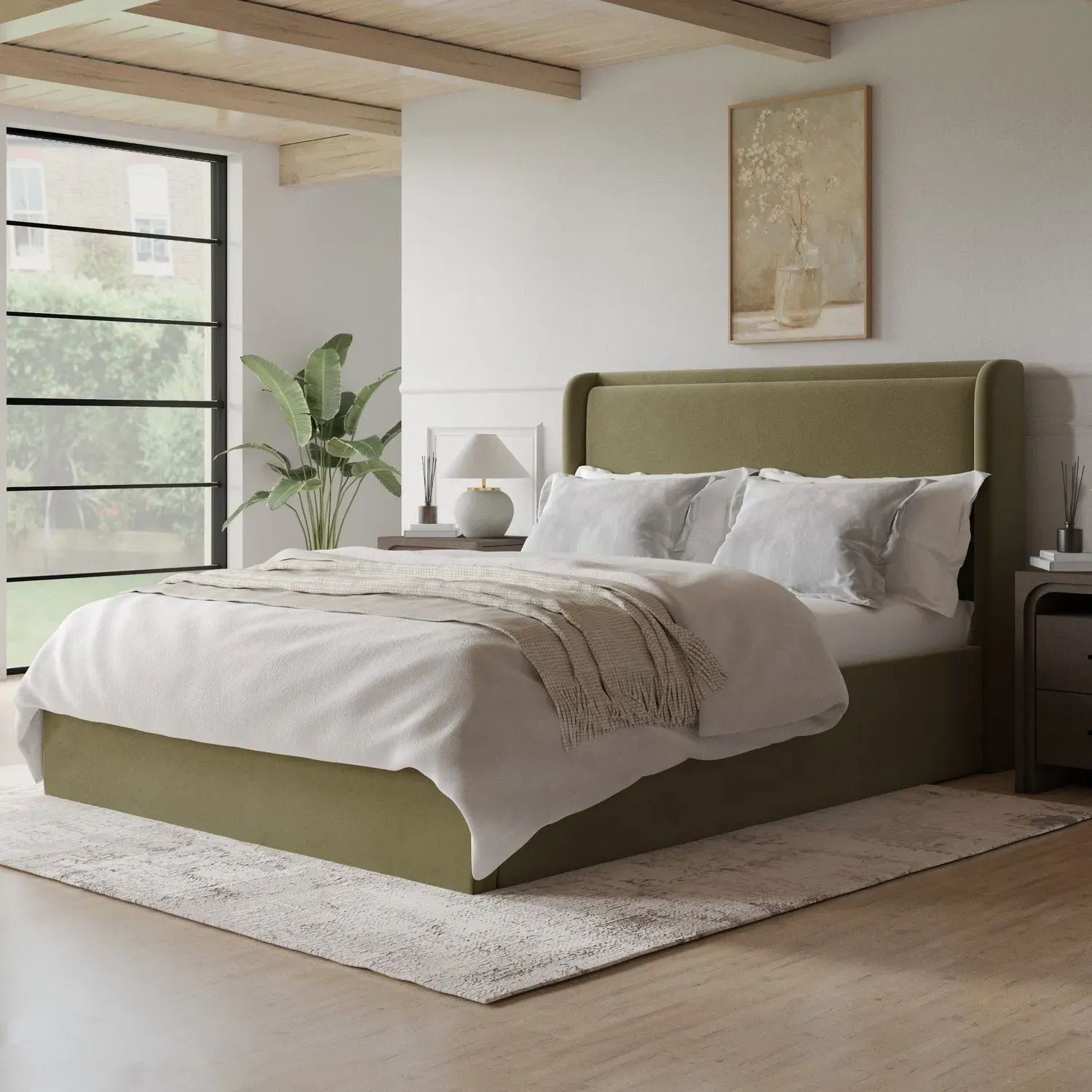 King Size Ottoman Bed with Storage - Green, Velvet