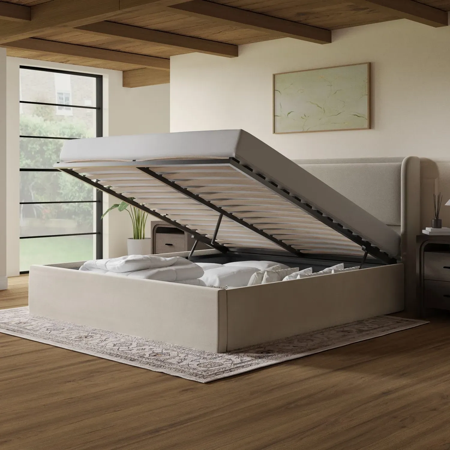 Super King Ottoman Bed with Storage - Beige, Velvet