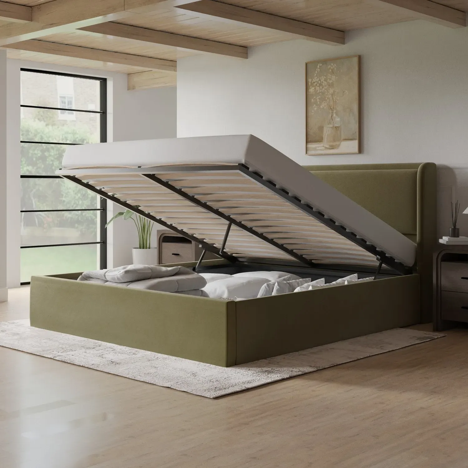 Super King Ottoman Bed with Storage - Green, Velvet