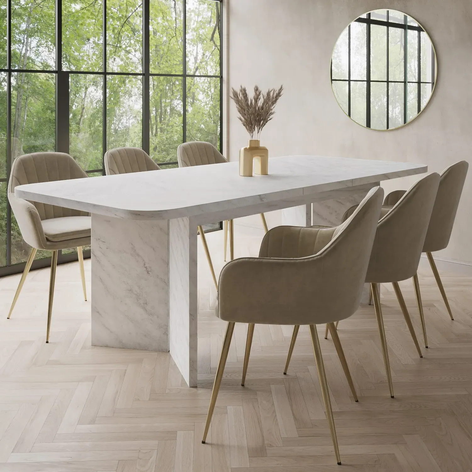 6-Seater Extendable Dining Set - White, Marble image