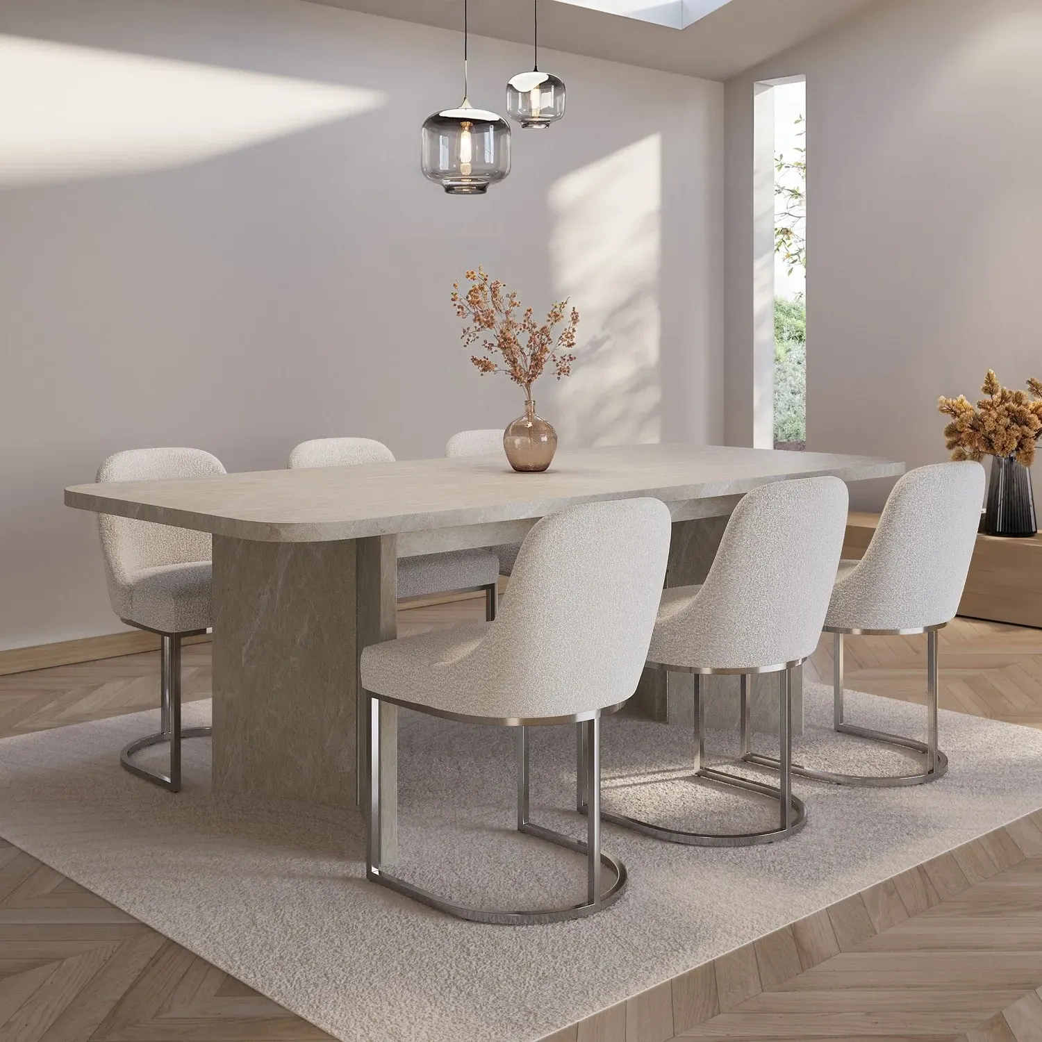 Extendable Dining Table Set with 6 Chairs - Beige
