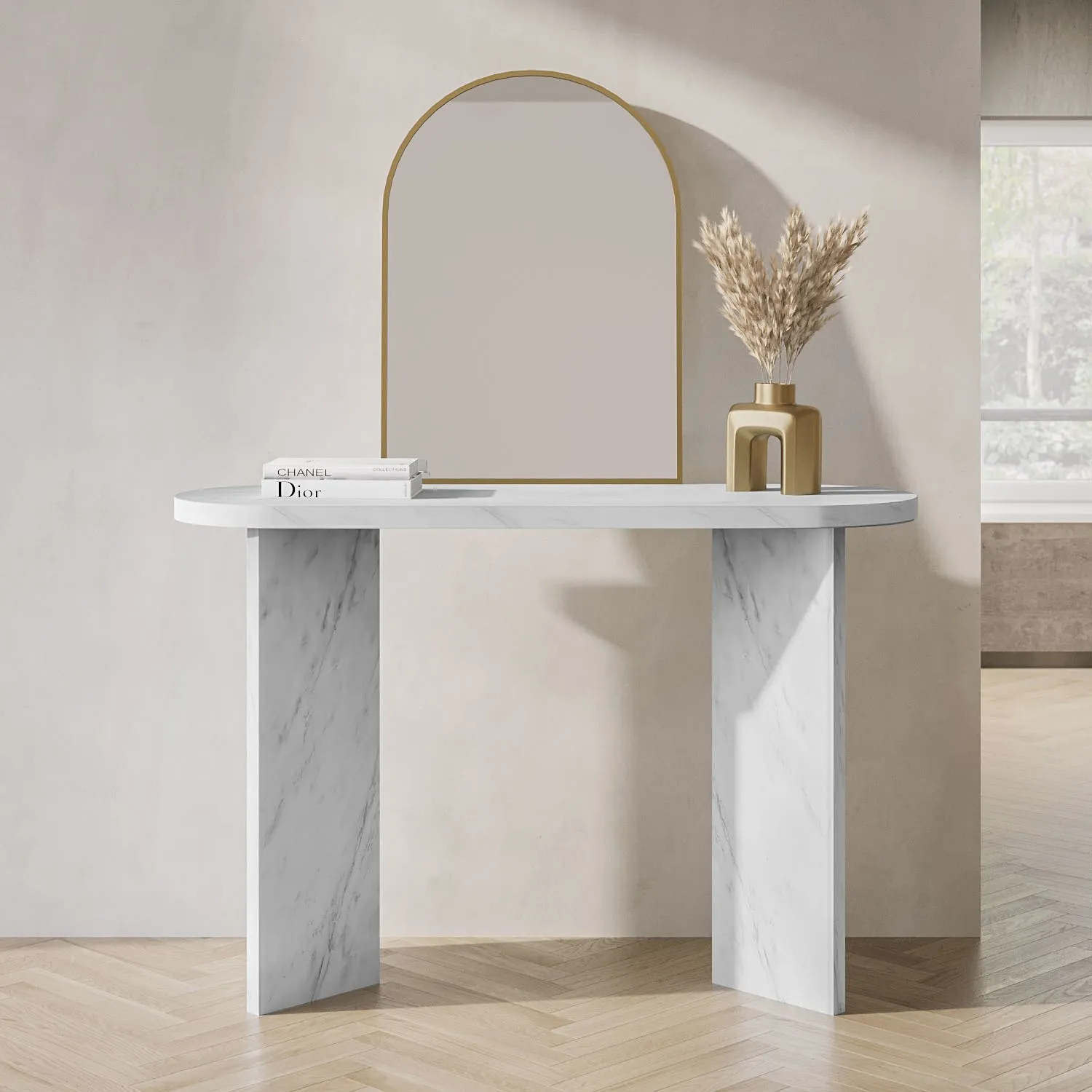 Large Console Table with Marble Effect - White