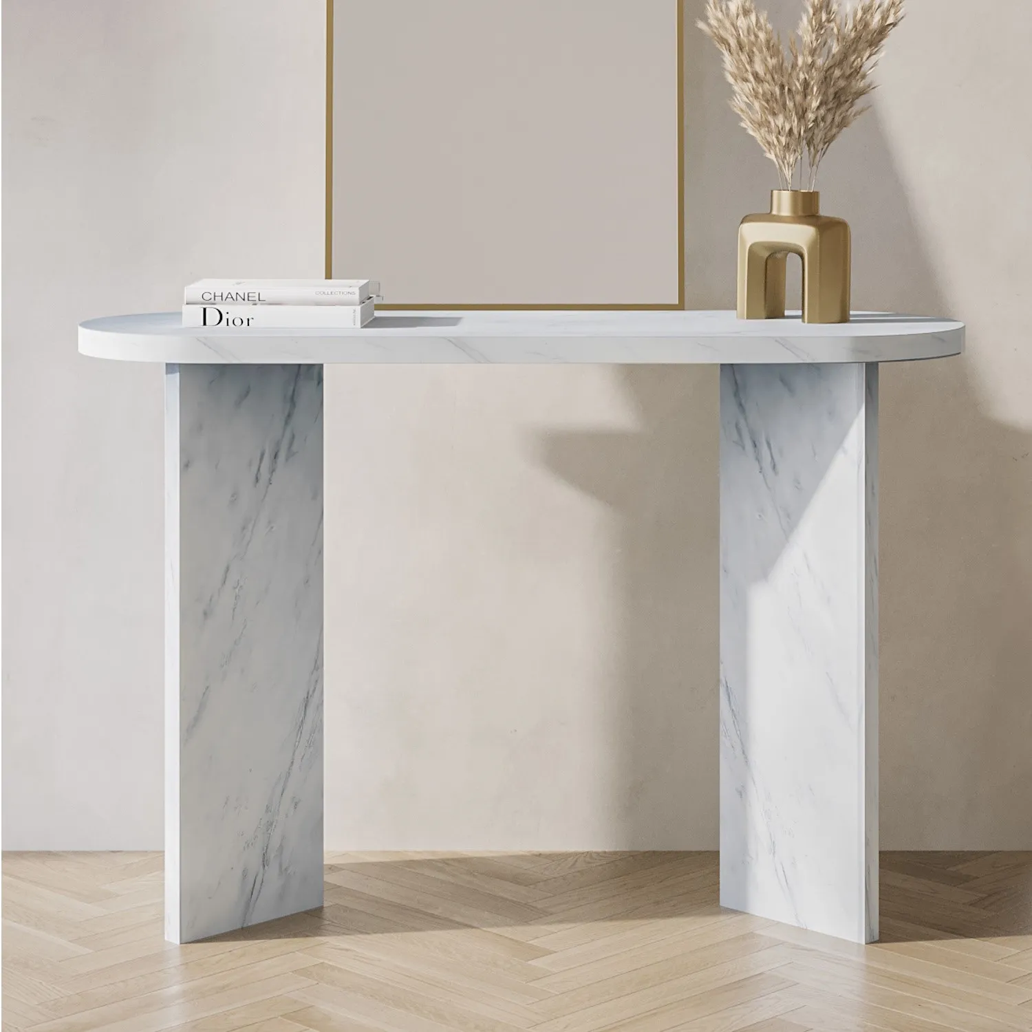 Large Console Table with Marble Effect - White