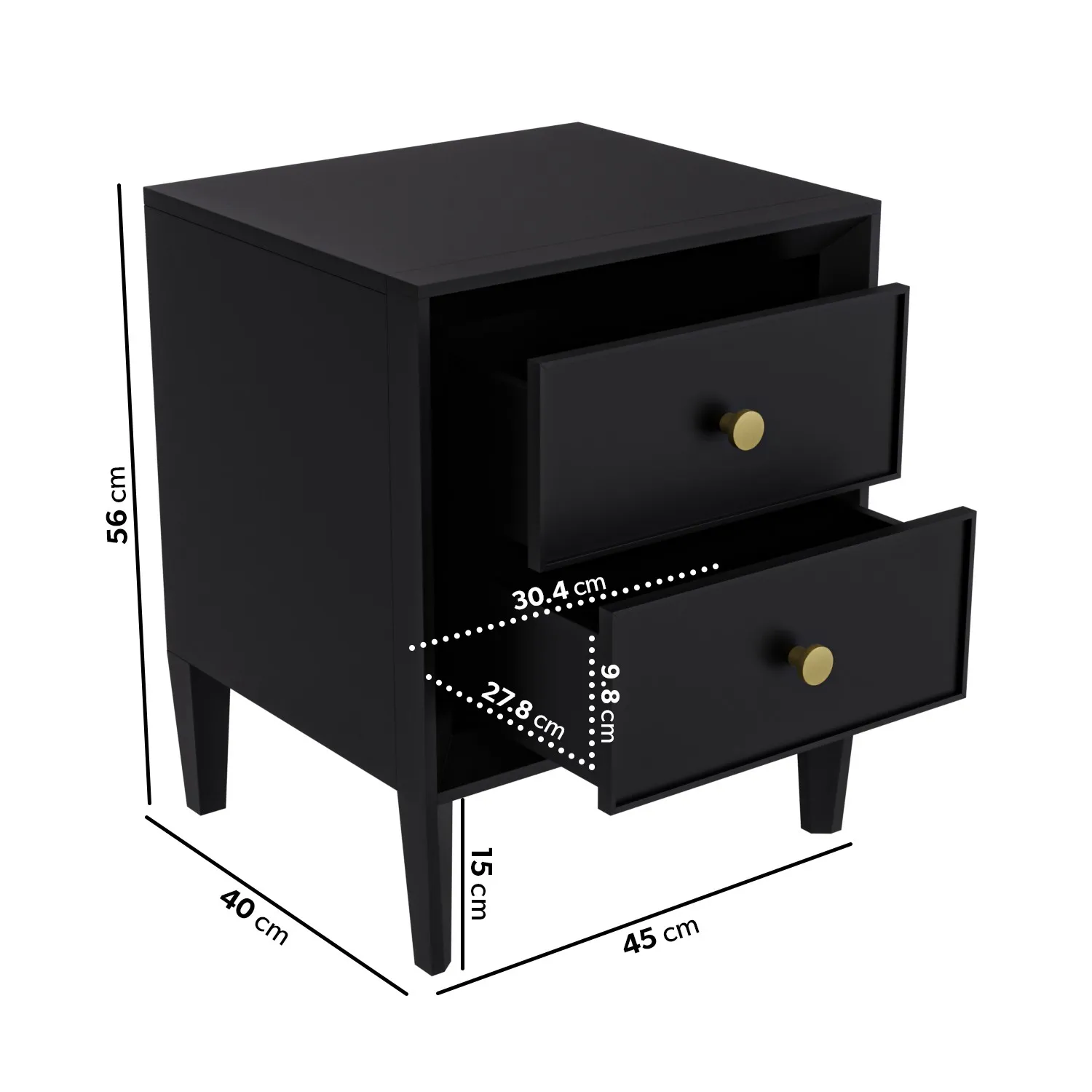 2-Drawer Bedside Table - Black, Pine Wood