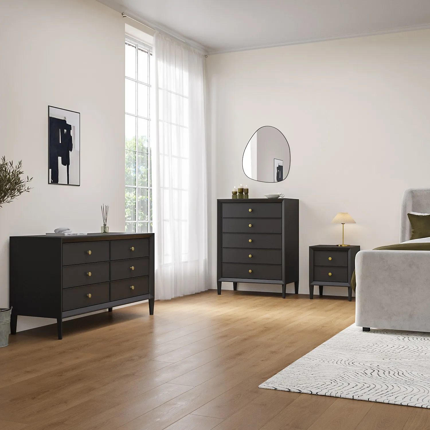 2-Drawer Bedside Table - Black, Pine Wood