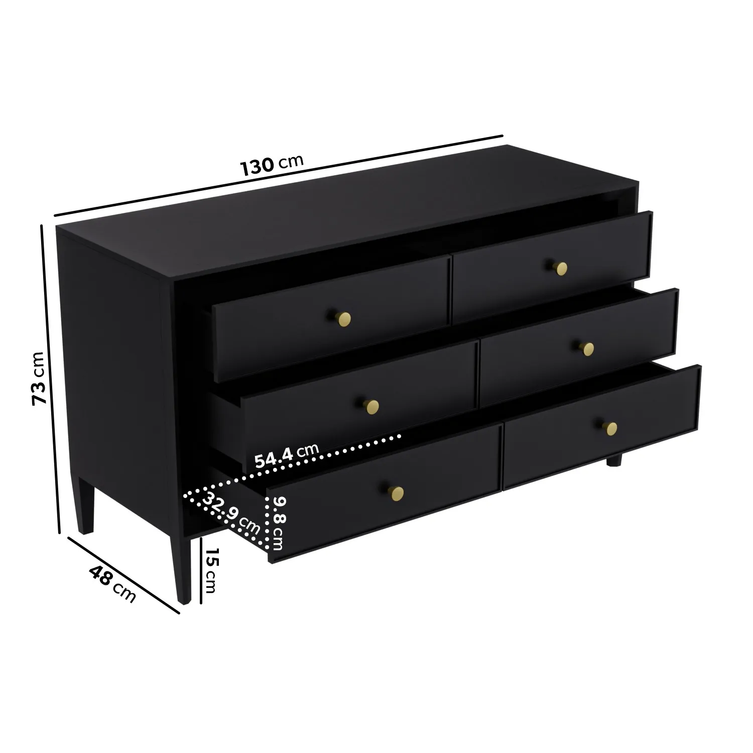6-Drawer Wide Chest of Drawers - Black, Pine