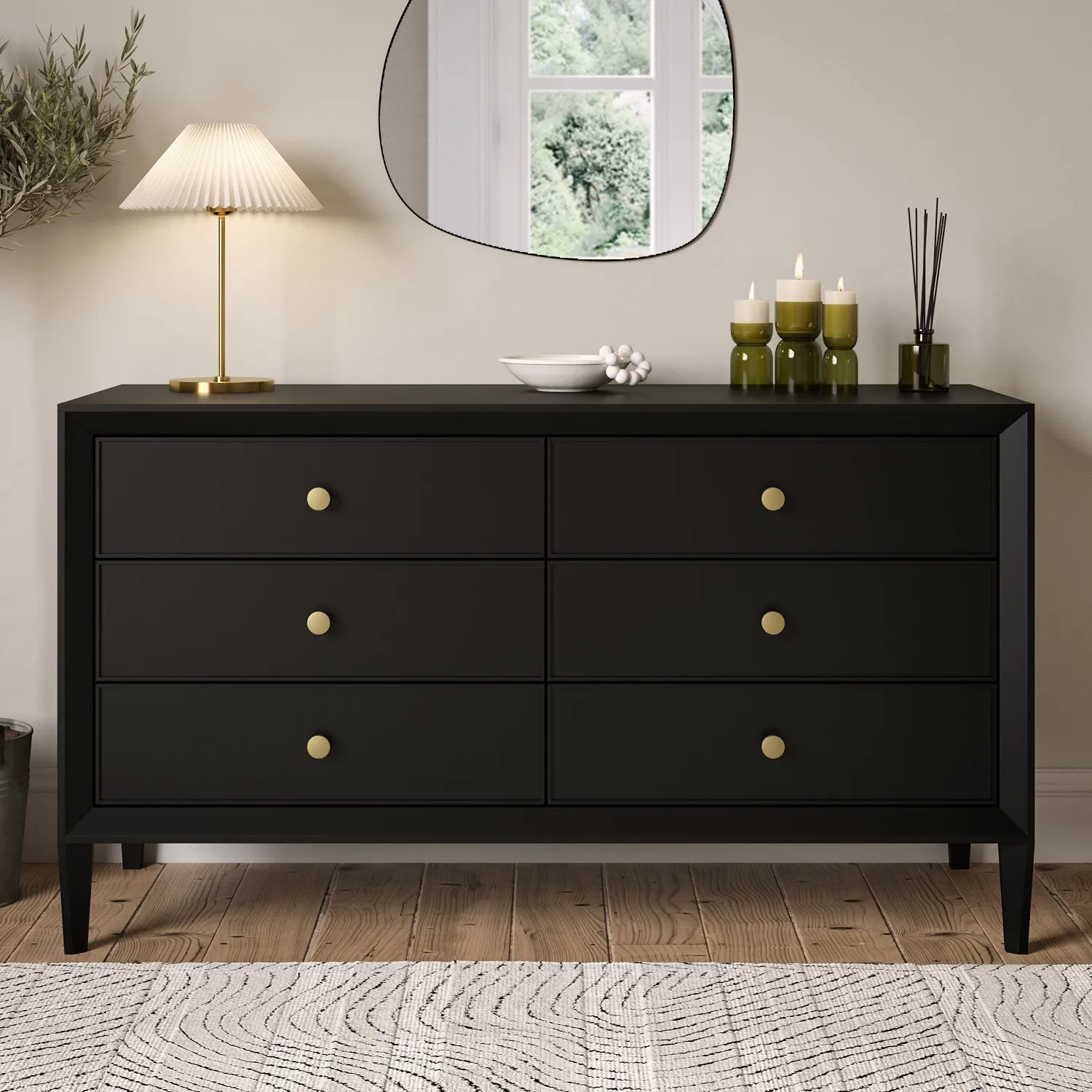 6-Drawer Wide Chest of Drawers - Black, Pine image