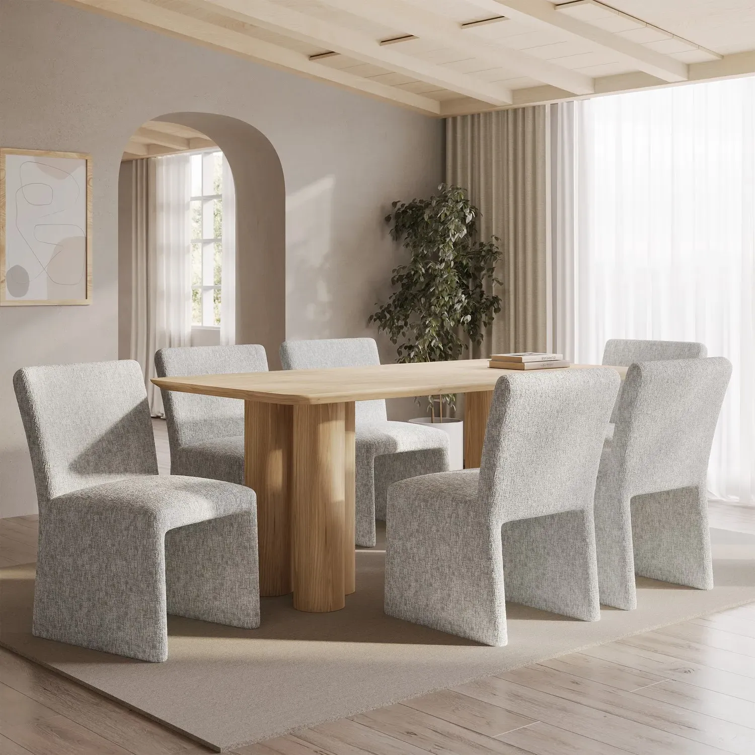 6-Seater Dining Set with Chairs - Oak, Chenille image