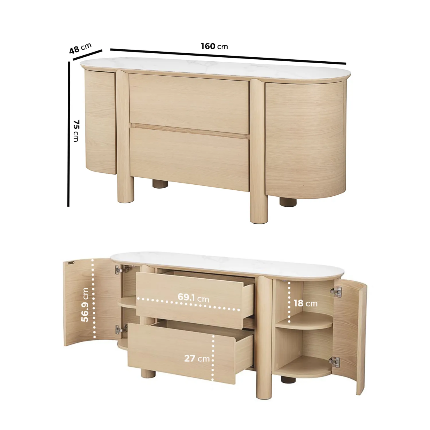 Large Curved Sideboard with Marble Top - Brown, Oak