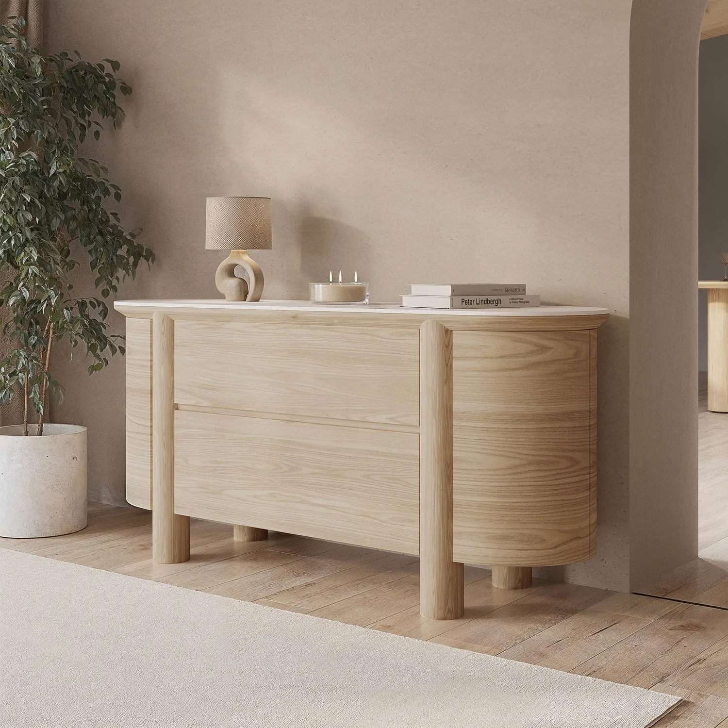 Large Curved Sideboard with Marble Top - Brown, Oak