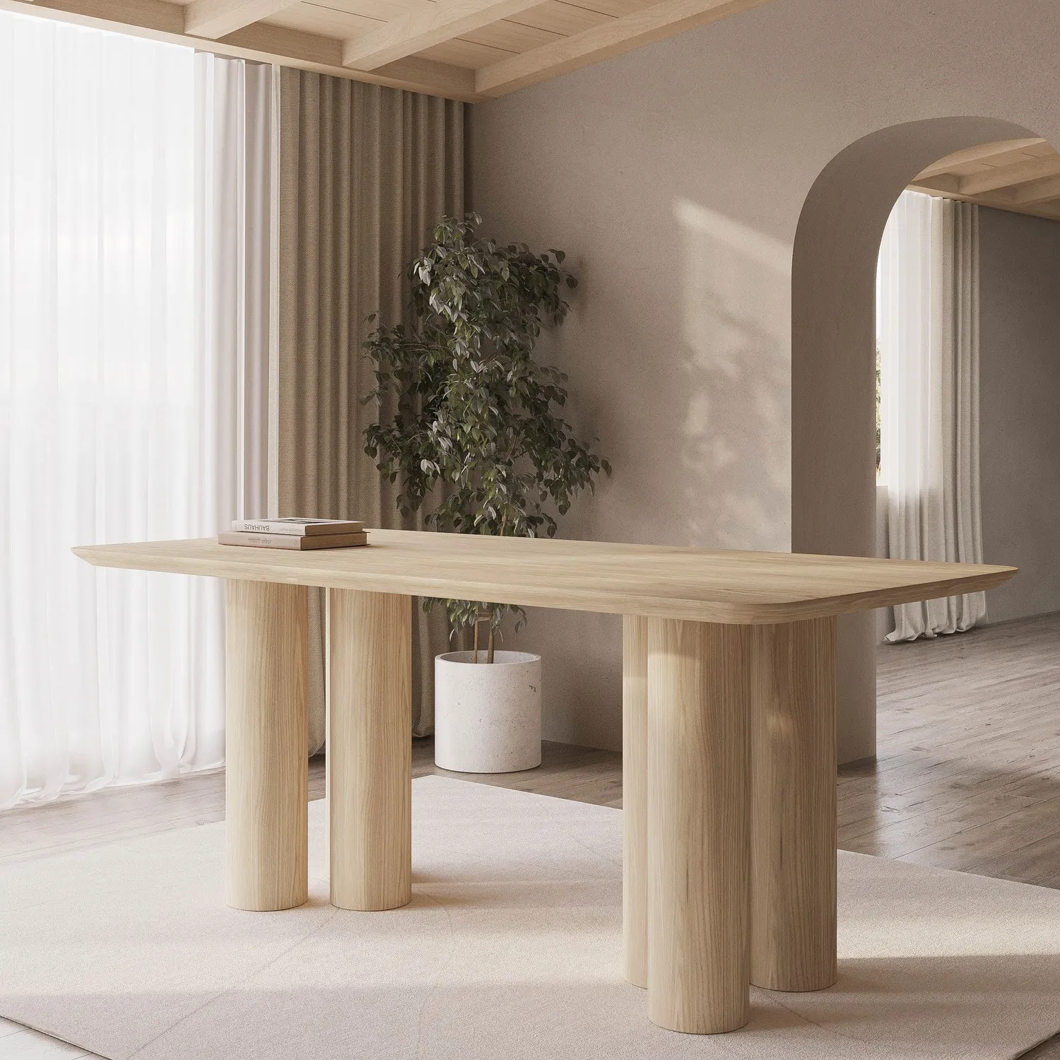 Large Dining Table with Pillar Legs - Brown, Oak