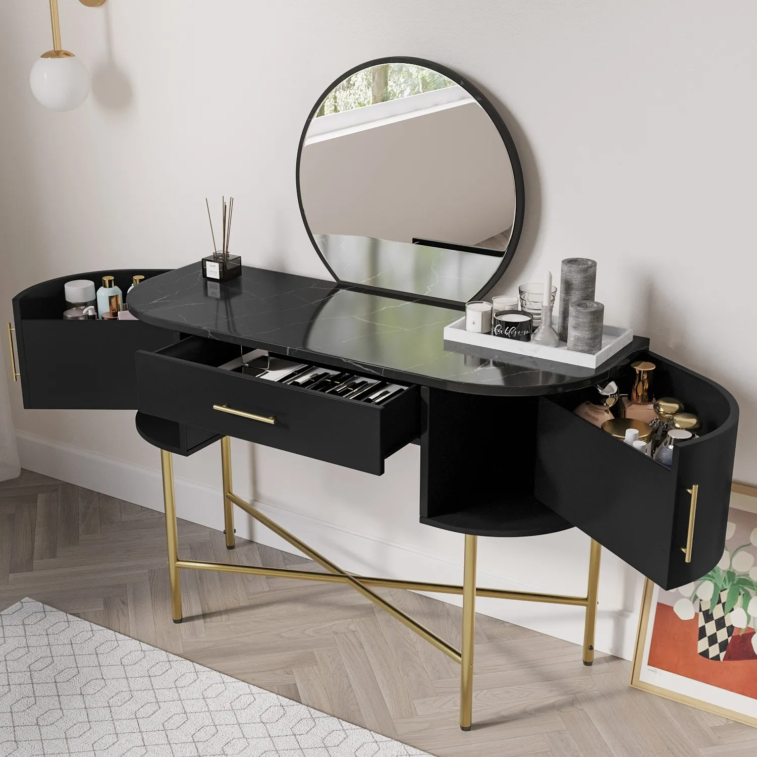 Dressing Table with Mirror - Black, Wood