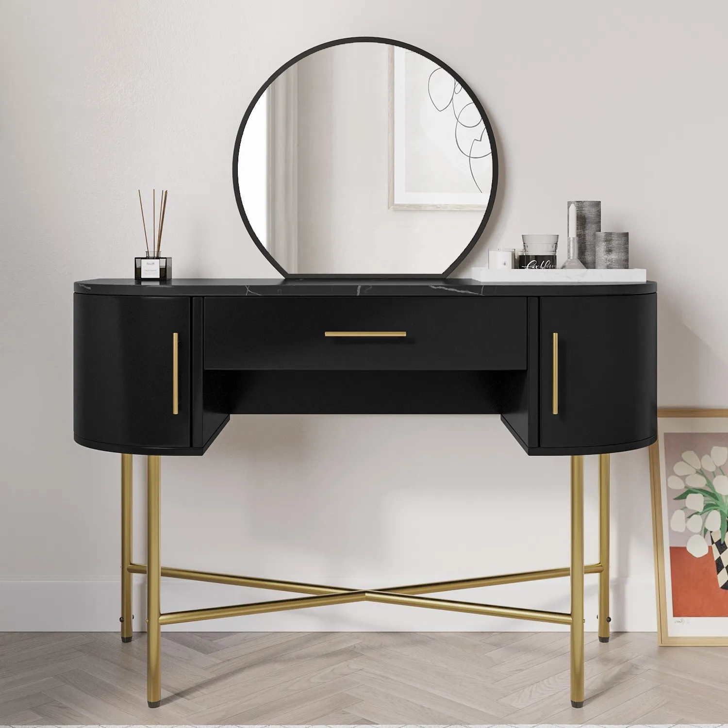 Dressing Table with Mirror - Black, Wood