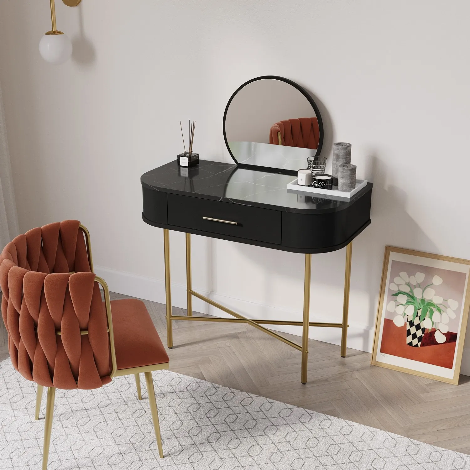 Small Dressing Table with Mirror - Black, Wood