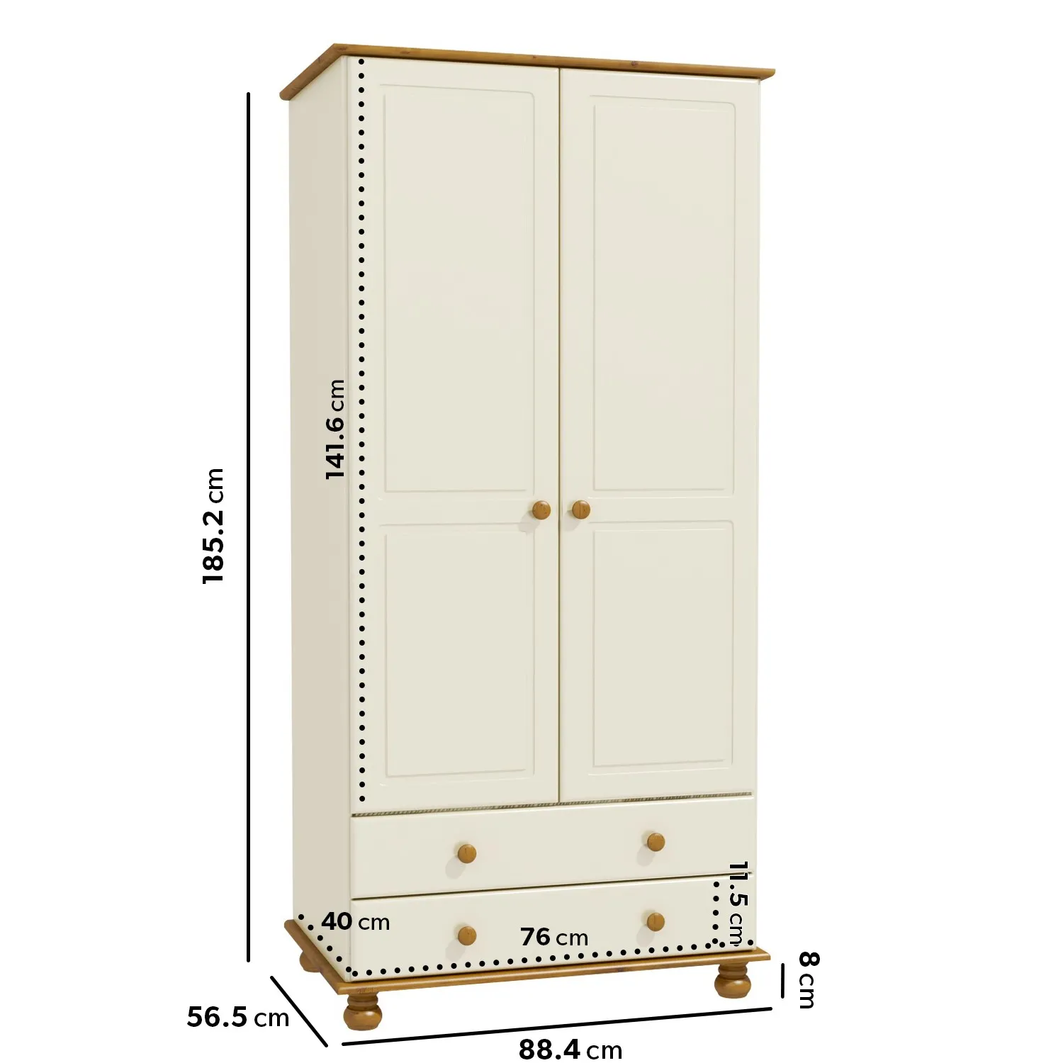 2-Door Double Wardrobe with Drawers - Cream, Pine