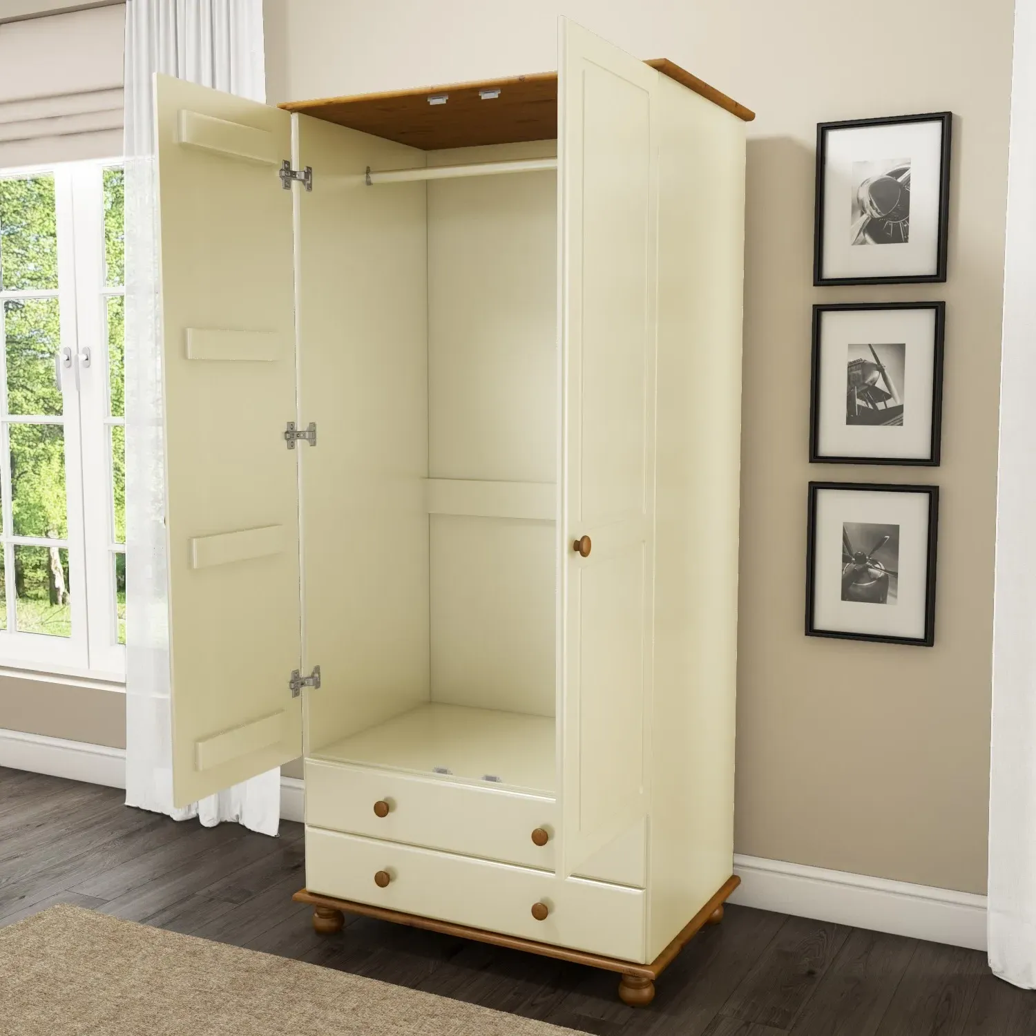 2-Door Double Wardrobe with Drawers - Cream, Pine
