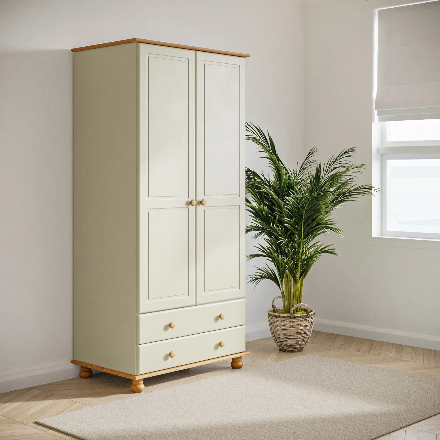 2-Door Double Wardrobe with Drawers - Cream, Pine image