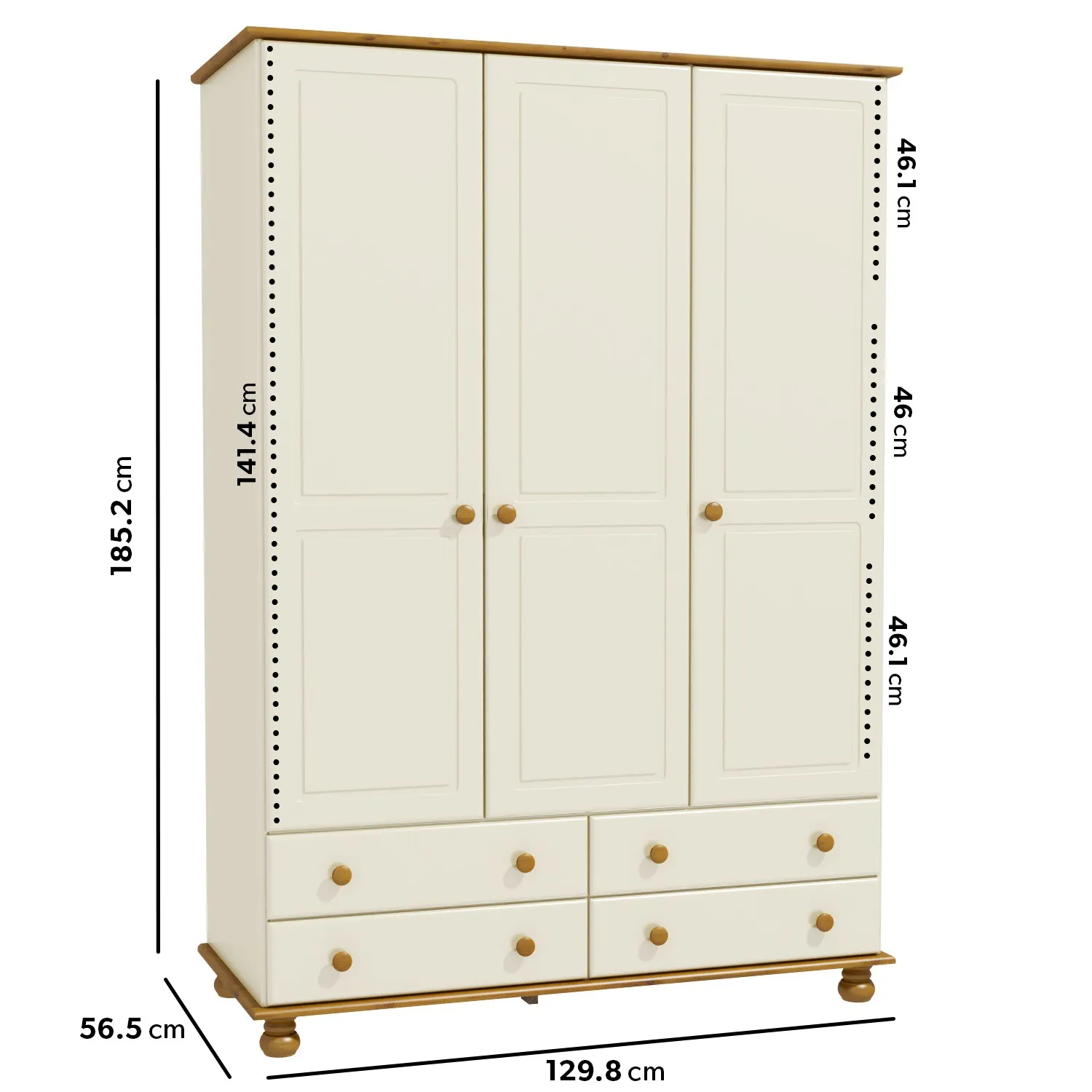 3-Door Triple Wardrobe with Drawers - Cream, Pine