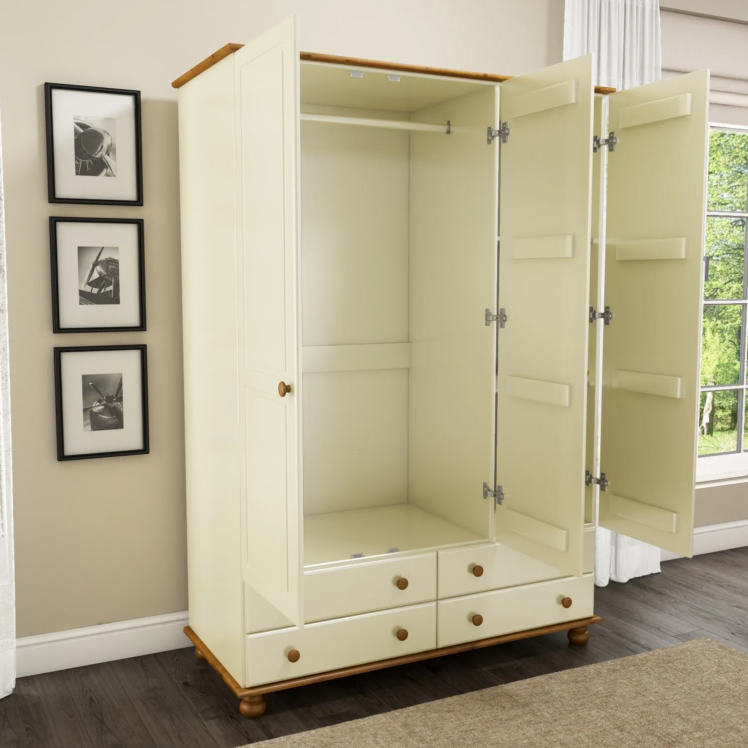 3-Door Triple Wardrobe with Drawers - Cream, Pine