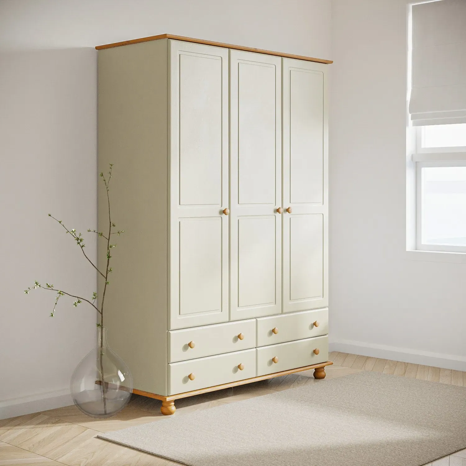 3-Door Triple Wardrobe with Drawers - Cream, Pine