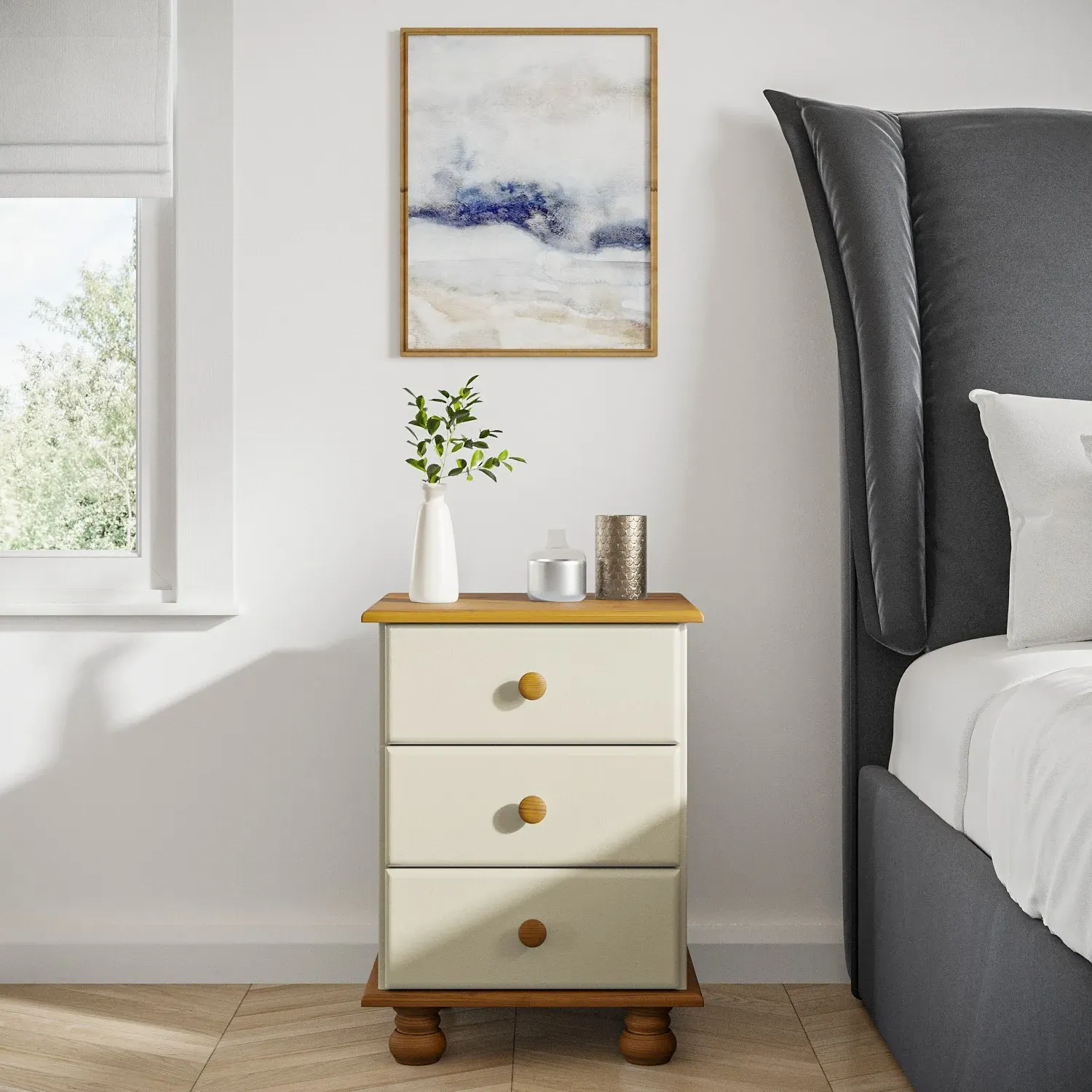 3-Drawer Bedside Table - Cream, Pine