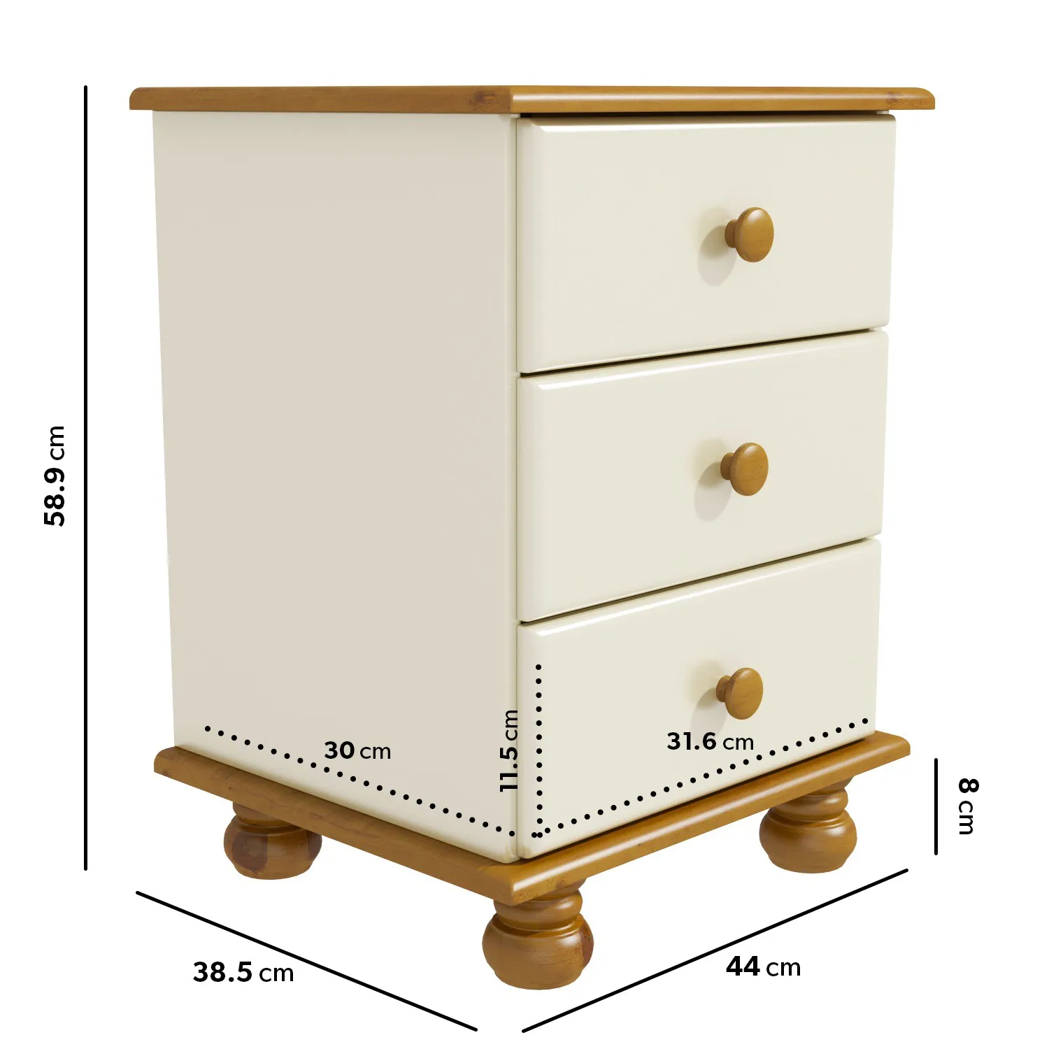3-Drawer Bedside Table - Cream, Pine