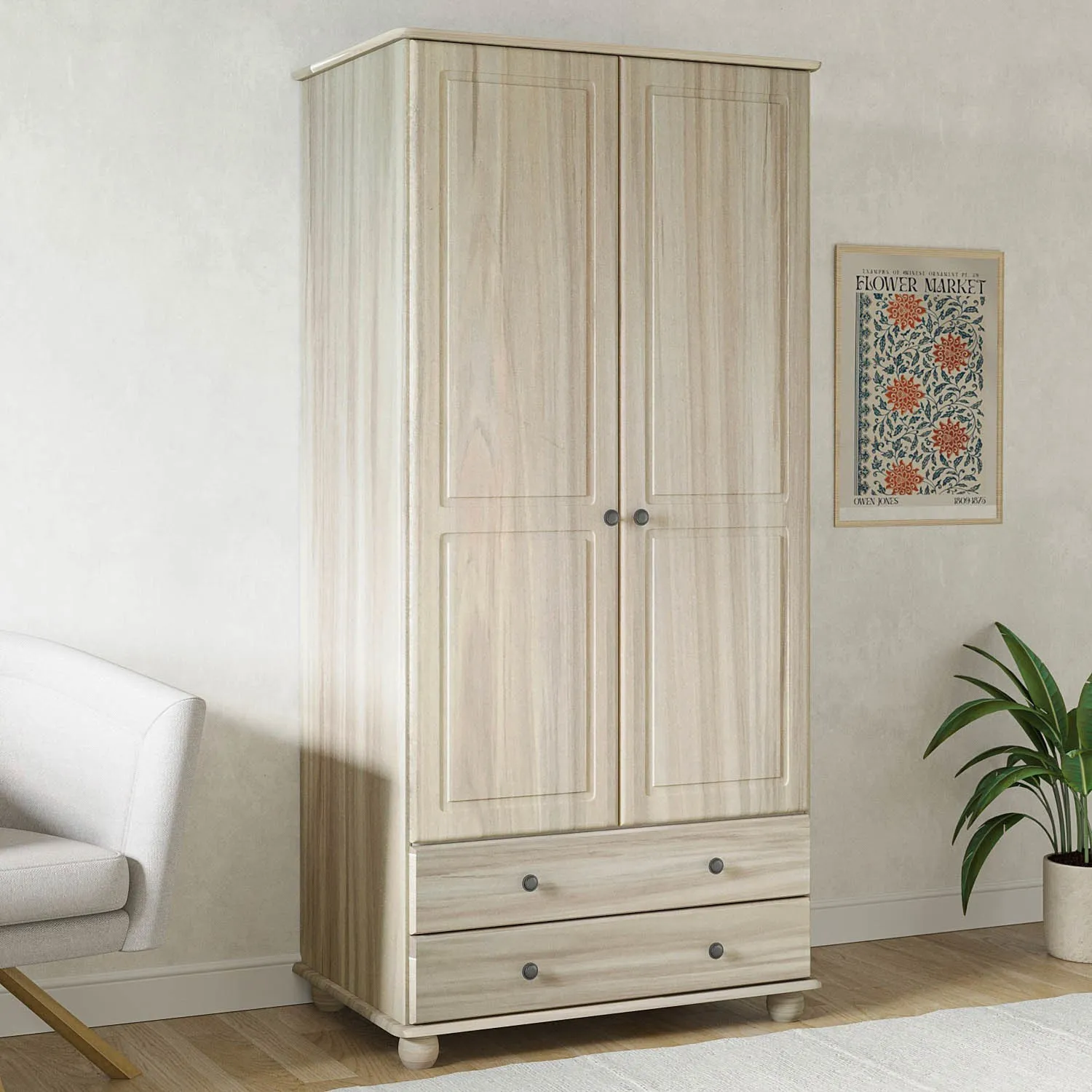 2-Door Wardrobe with Drawers - Light Wood, Pine