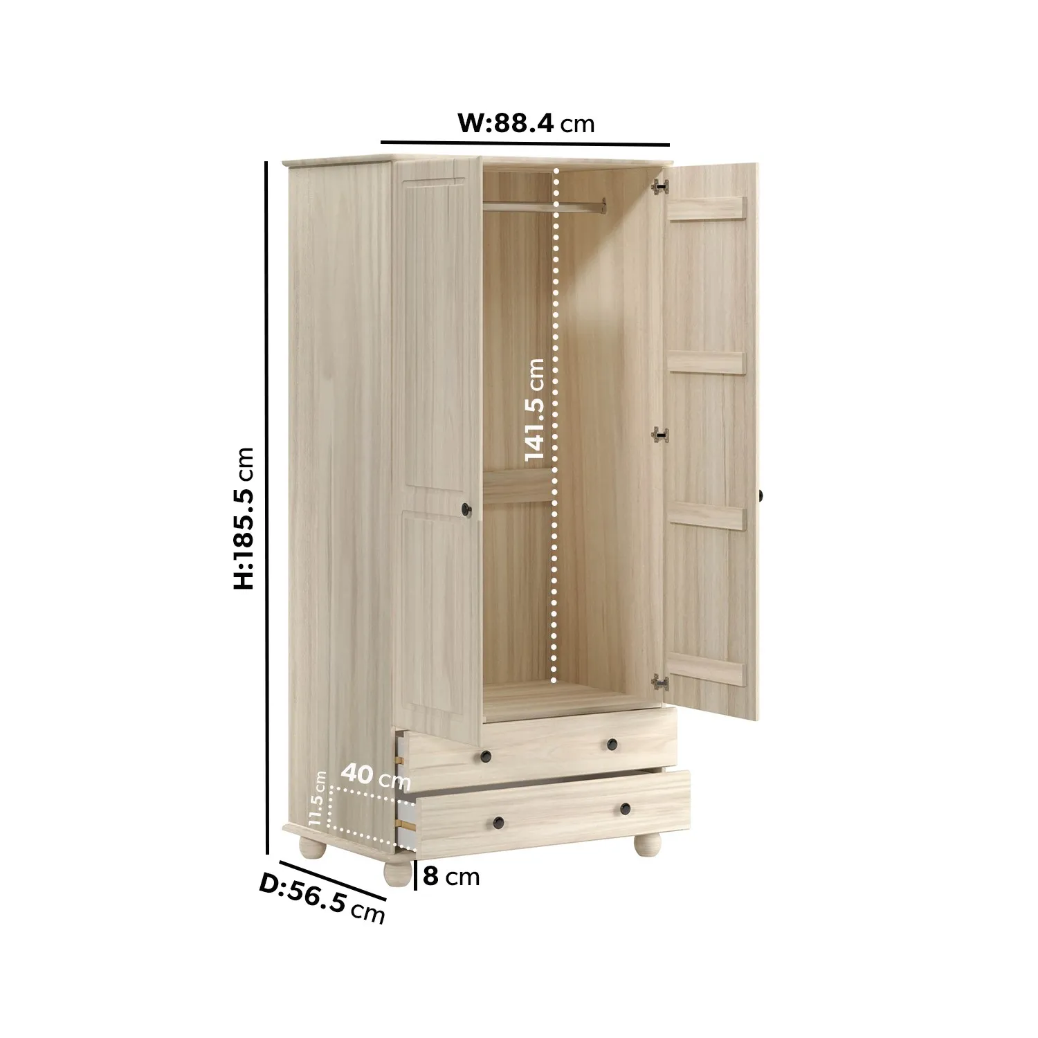 2-Door Wardrobe with Drawers - Light Wood, Pine