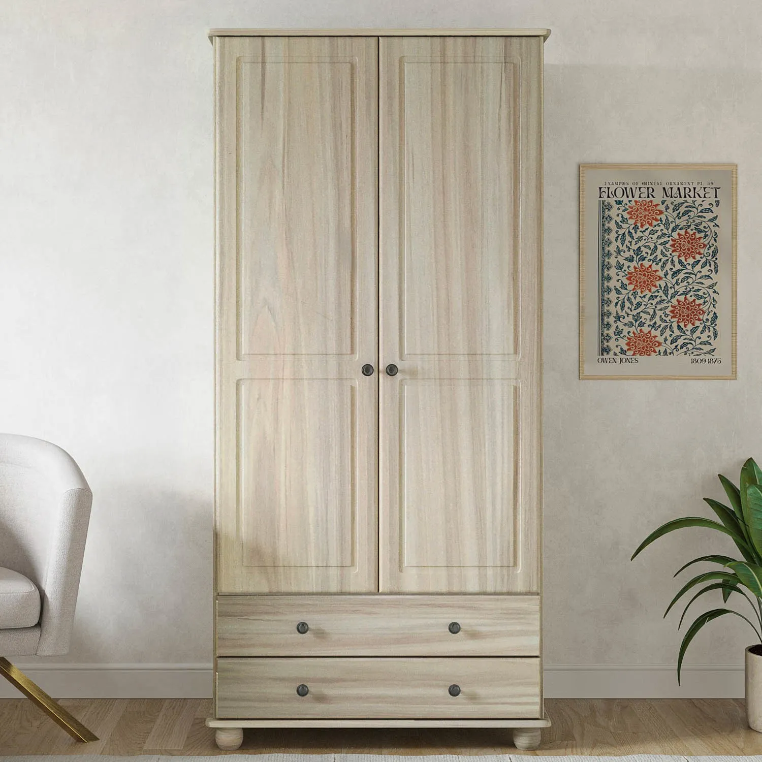 2-Door Wardrobe with Drawers - Light Wood, Pine