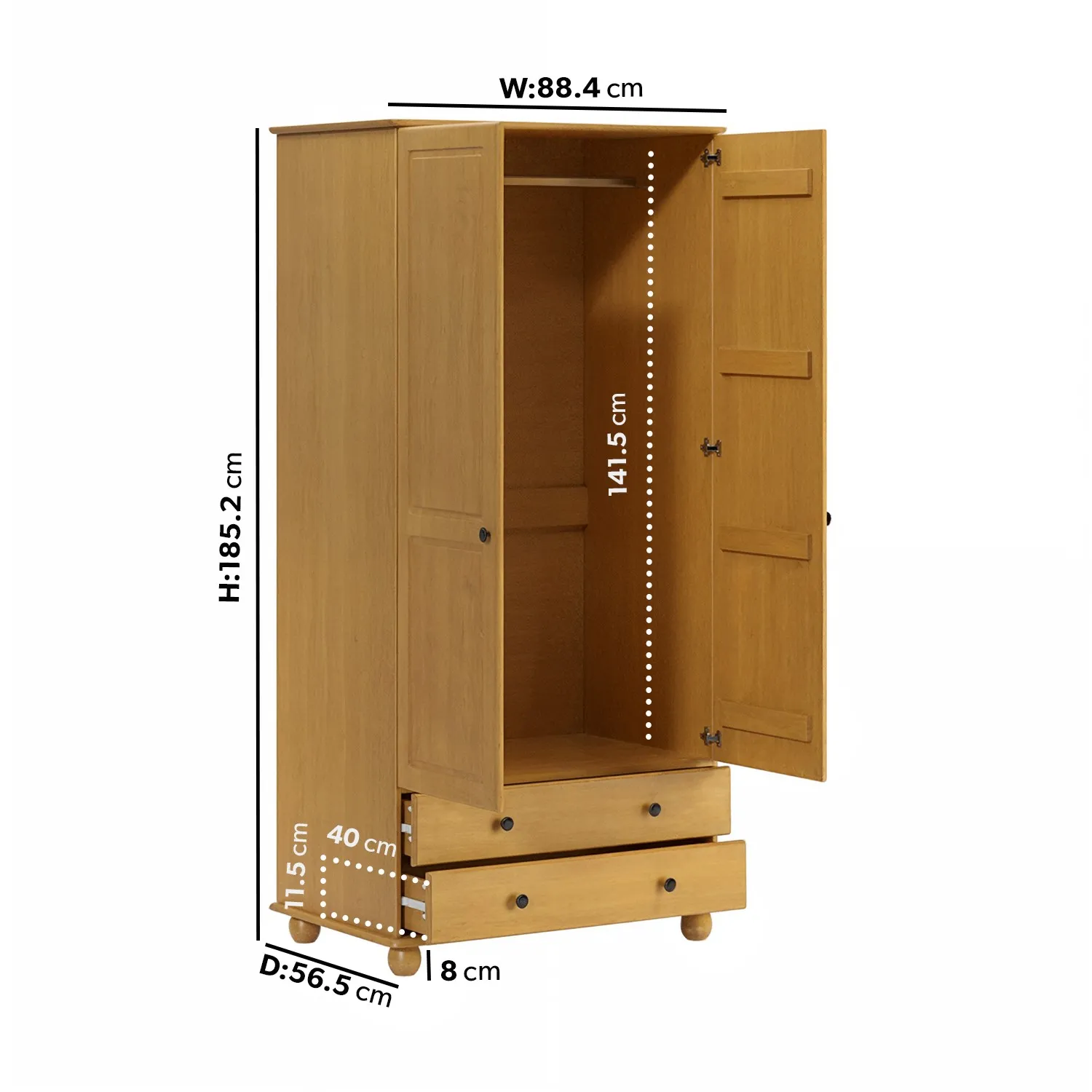 2-Door Wardrobe with Drawers - Pine, Solid Wood