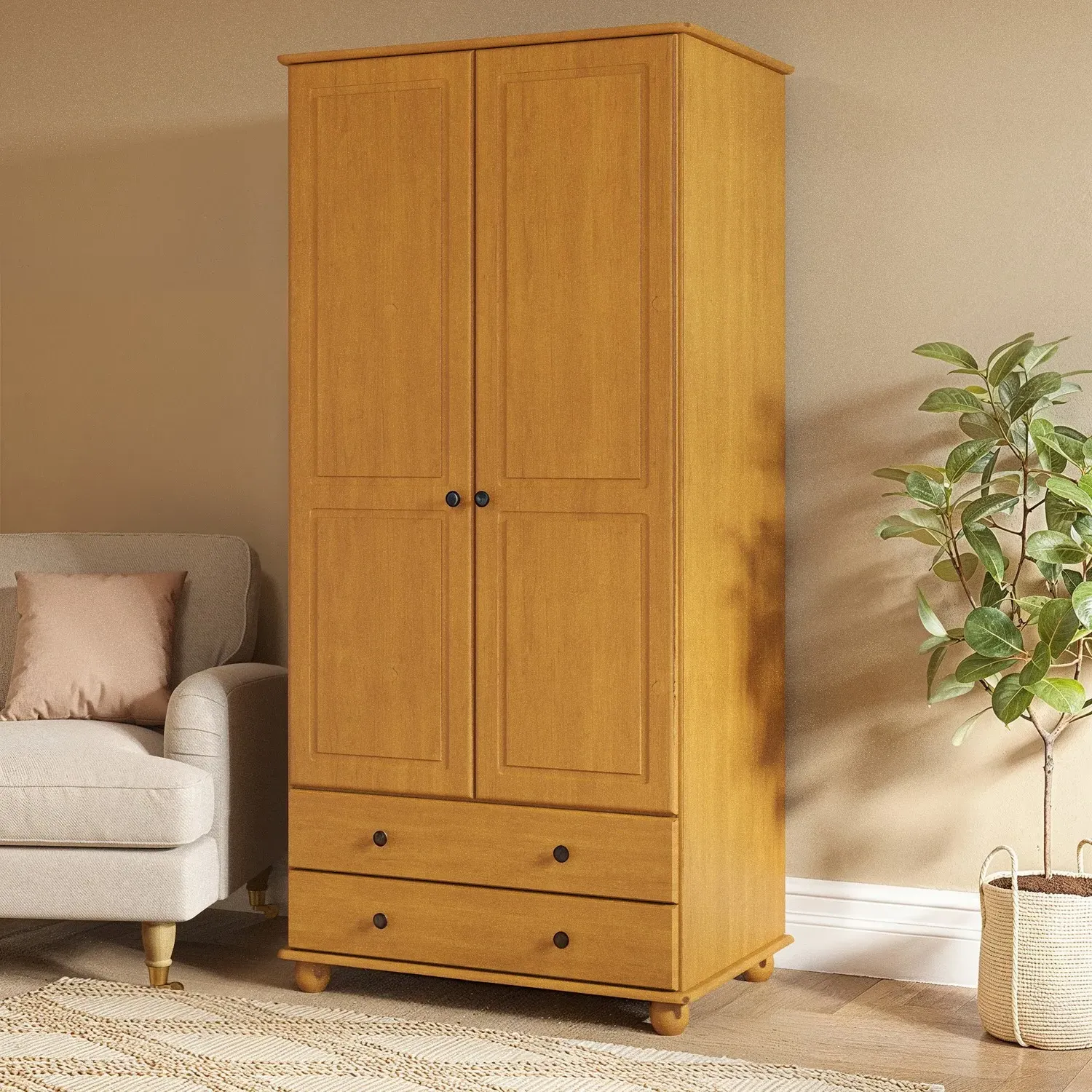 2-Door Wardrobe with Drawers - Pine, Solid Wood image