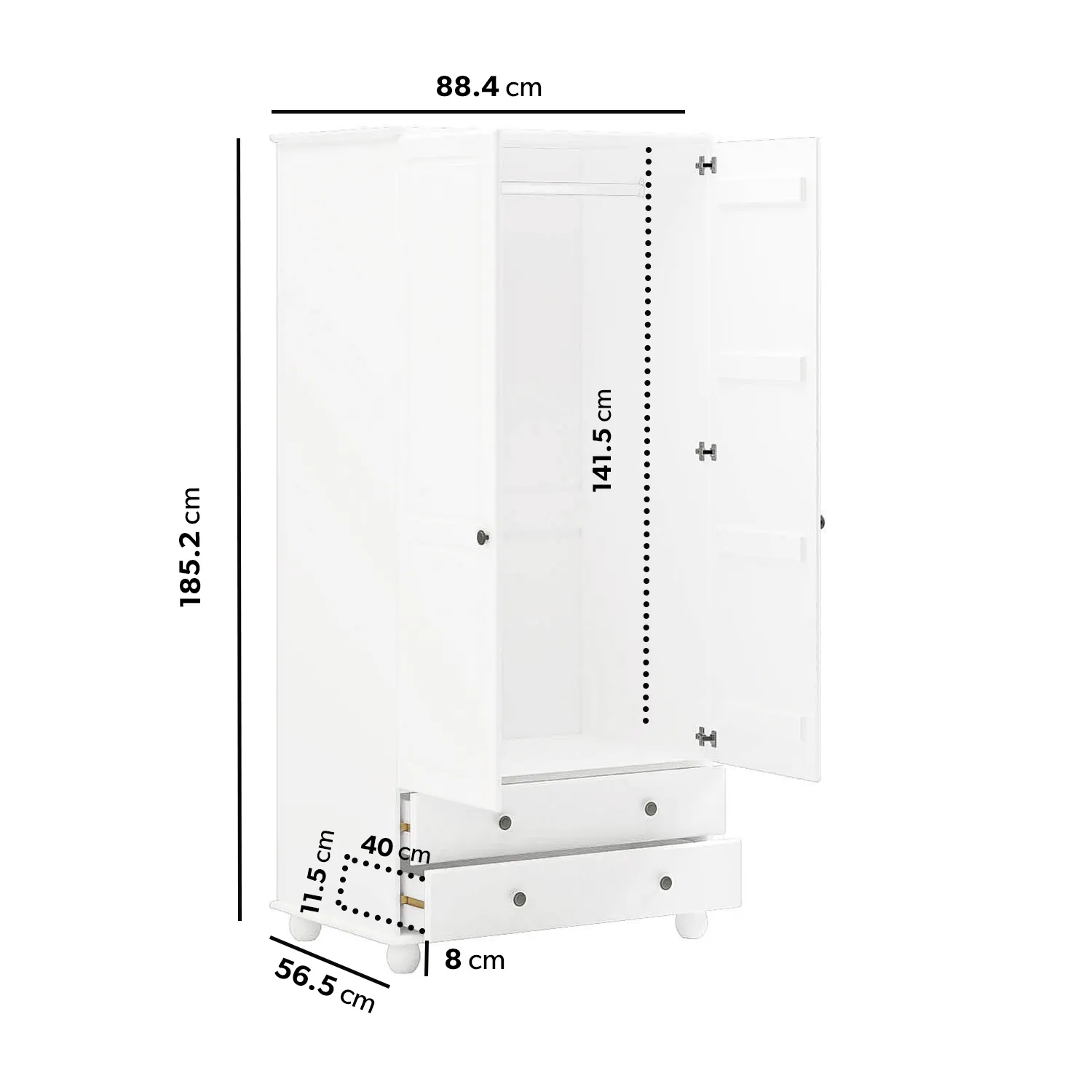 2-Door Wardrobe with Drawers - White, Pine