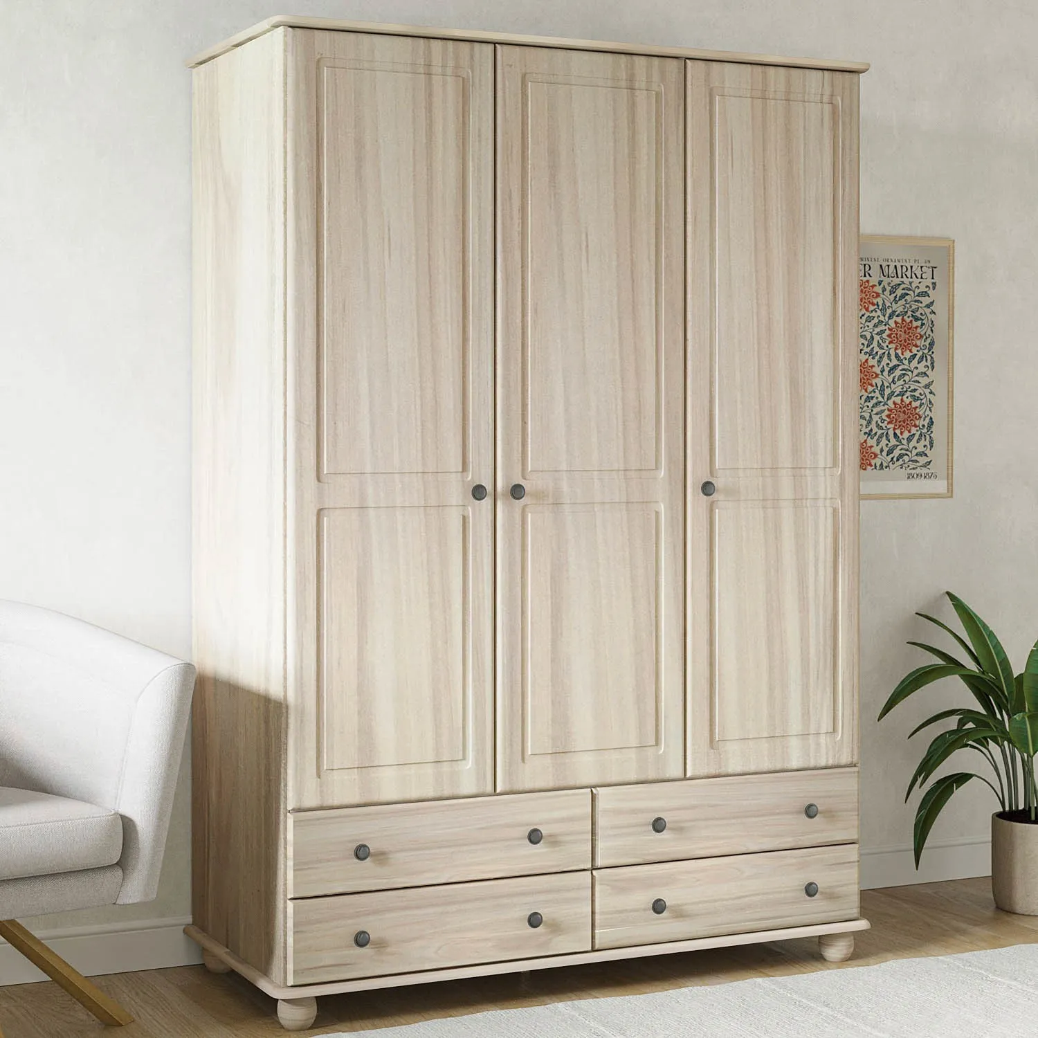 3-Door Wardrobe with Drawers - Light Wood, Pine