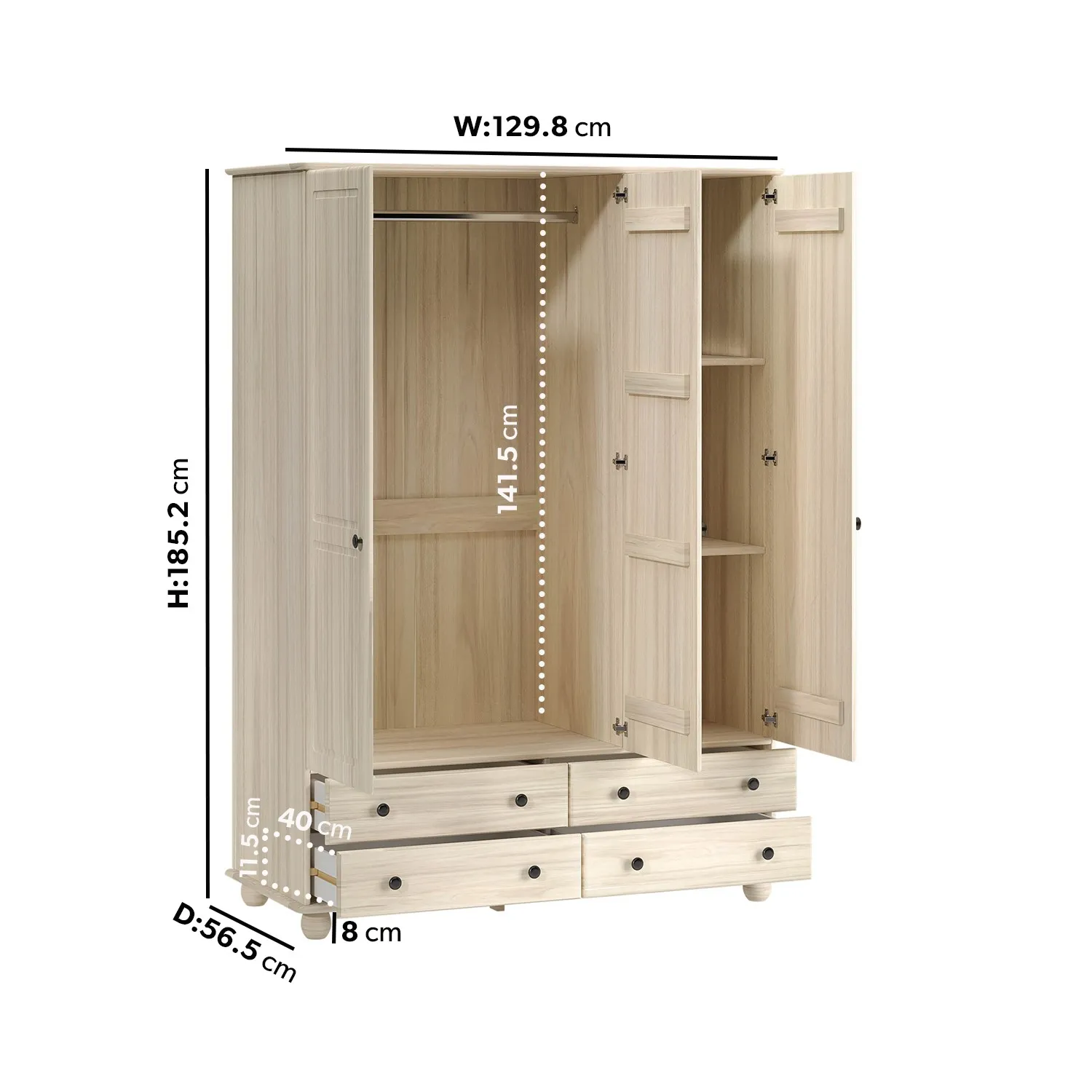 3-Door Wardrobe with Drawers - Light Wood, Pine
