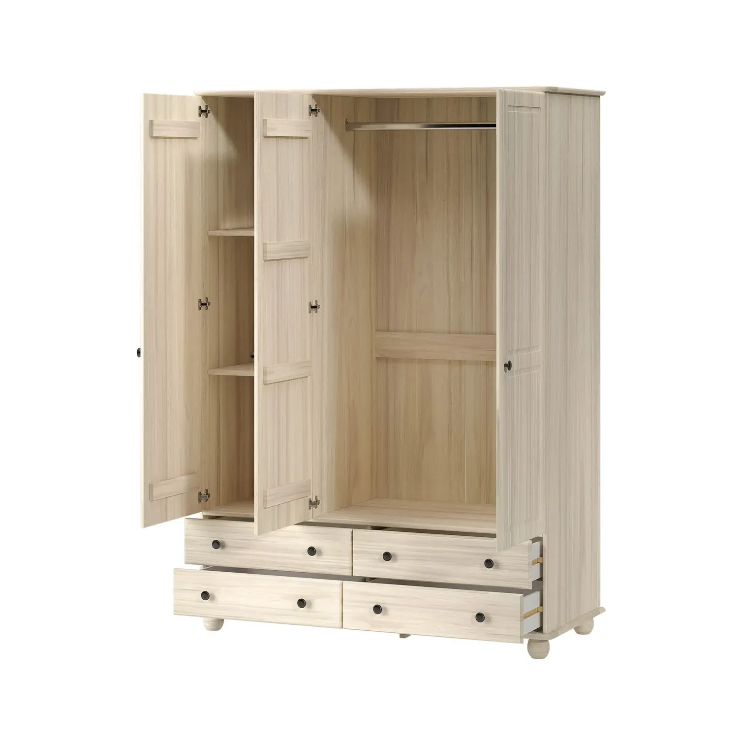 3-Door Wardrobe with Drawers - Light Wood, Pine