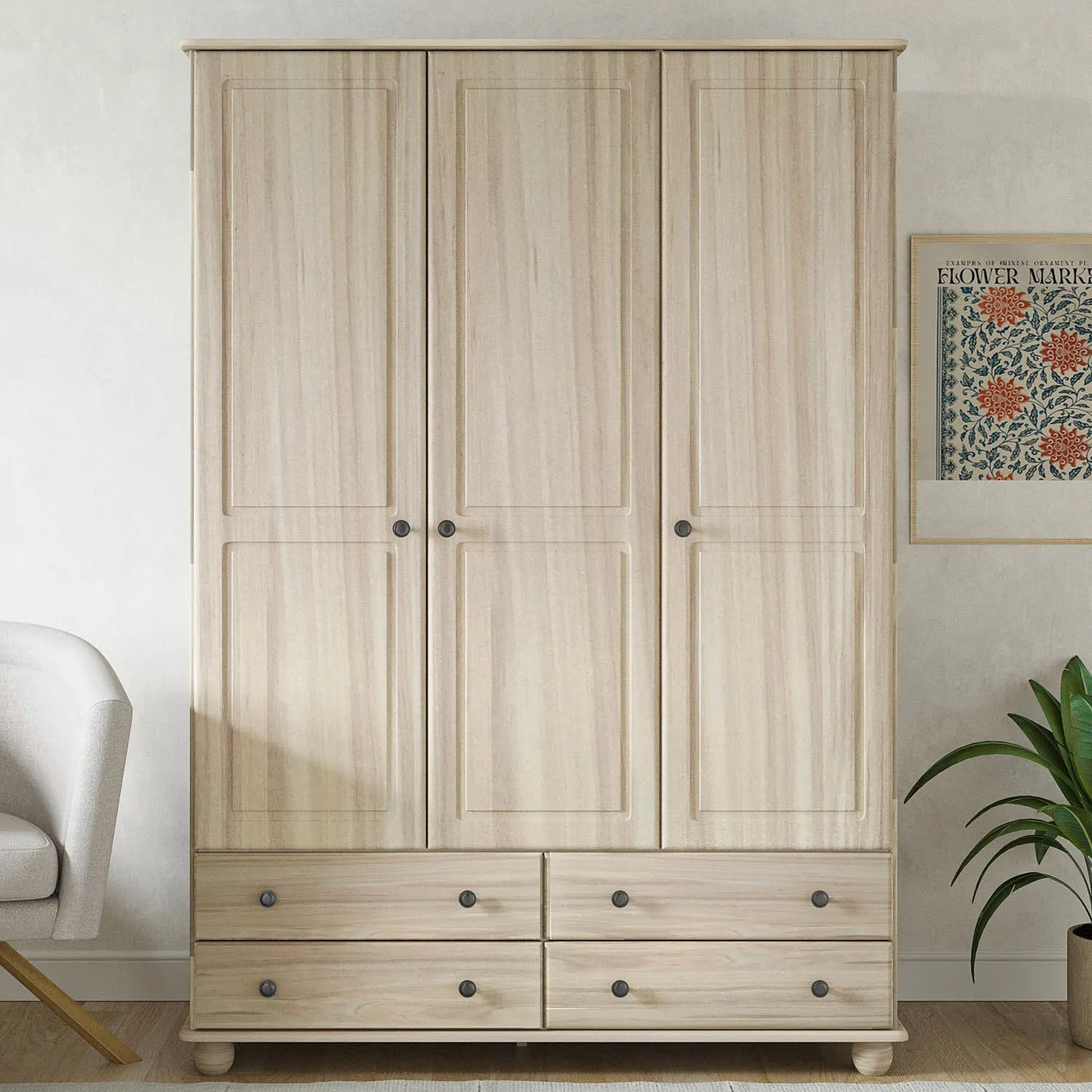 3-Door Wardrobe with Drawers - Light Wood, Pine