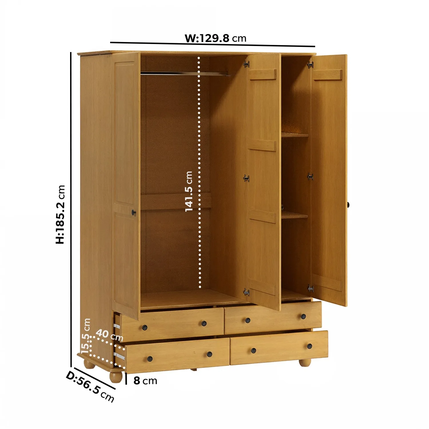 3-Door Wardrobe with Drawers - Pine, Solid Wood