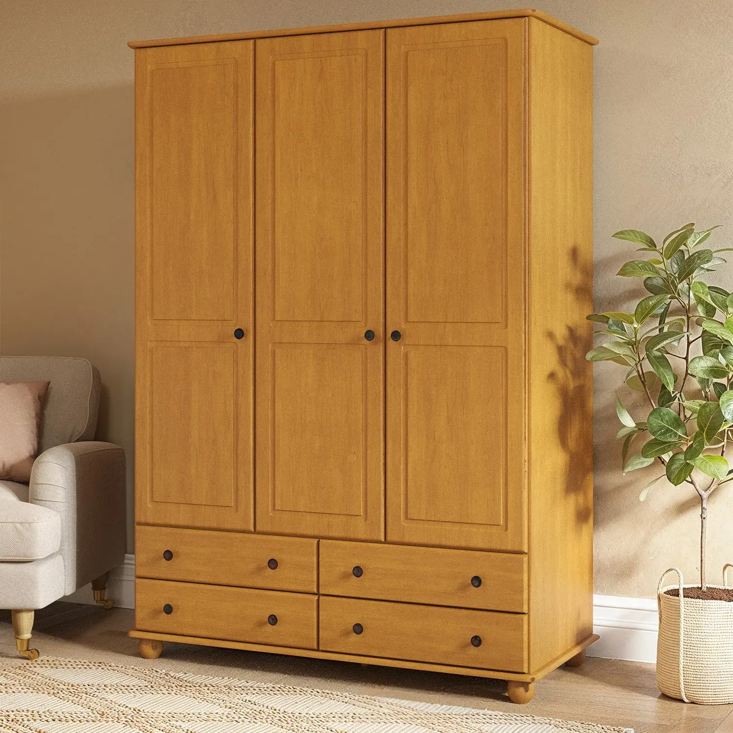 3-Door Wardrobe with Drawers - Pine, Solid Wood image
