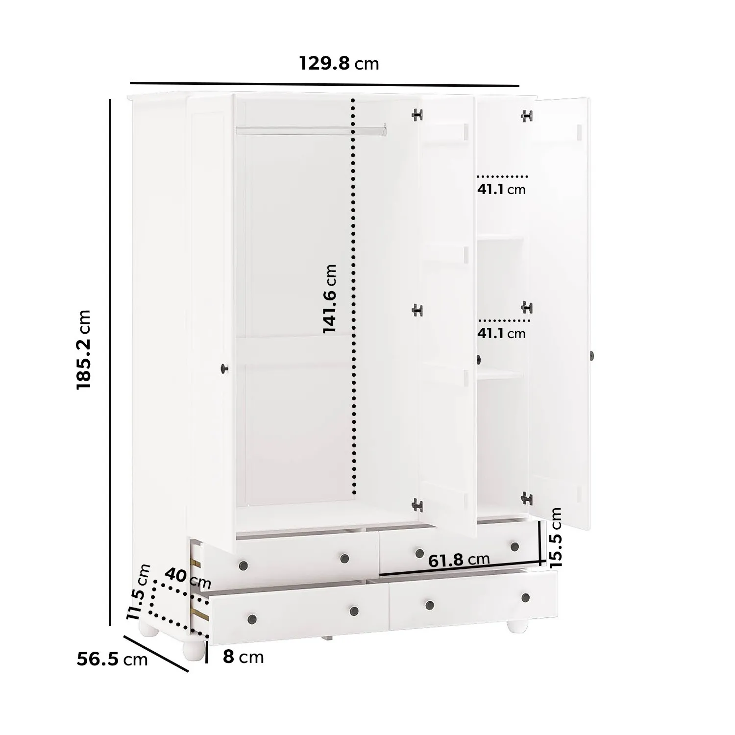 3-Door Wardrobe with Drawers - White, Pine