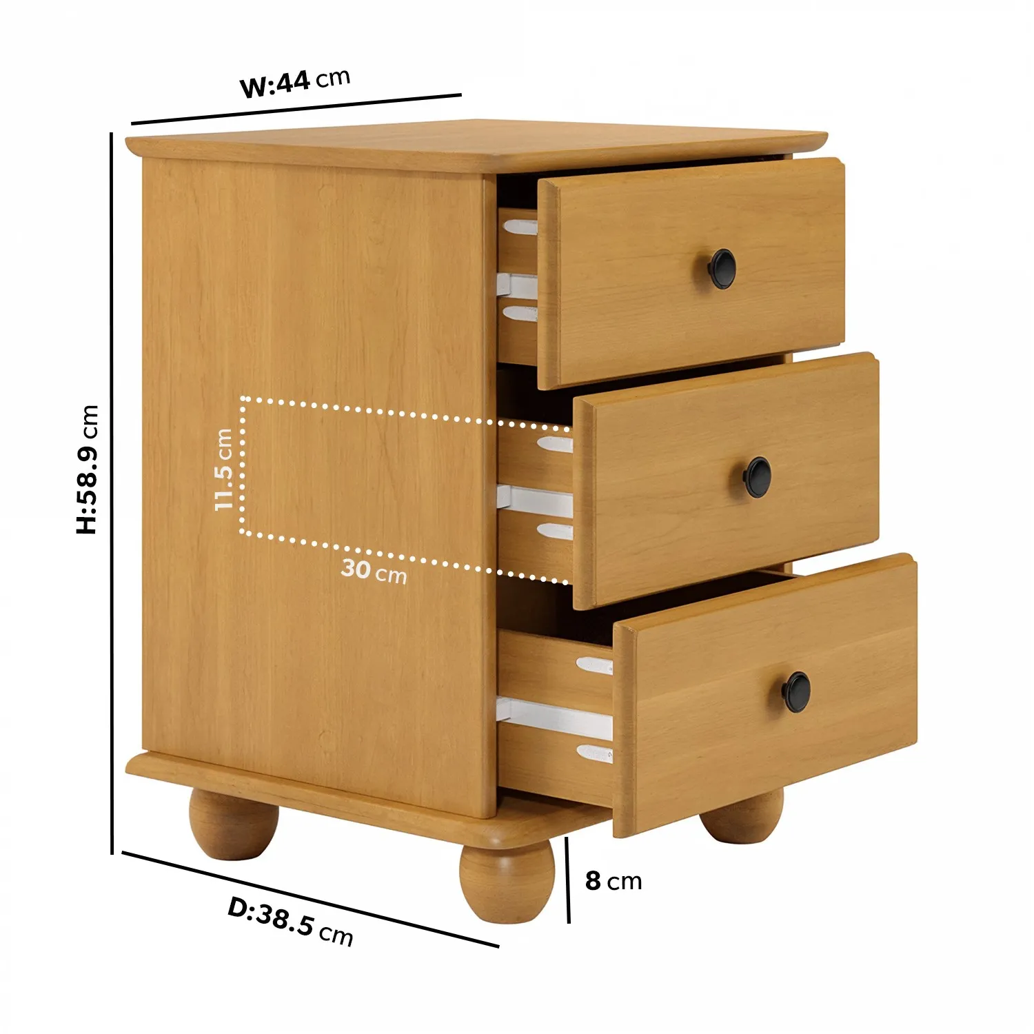 3-Drawer Bedside Table - Brown, Pine