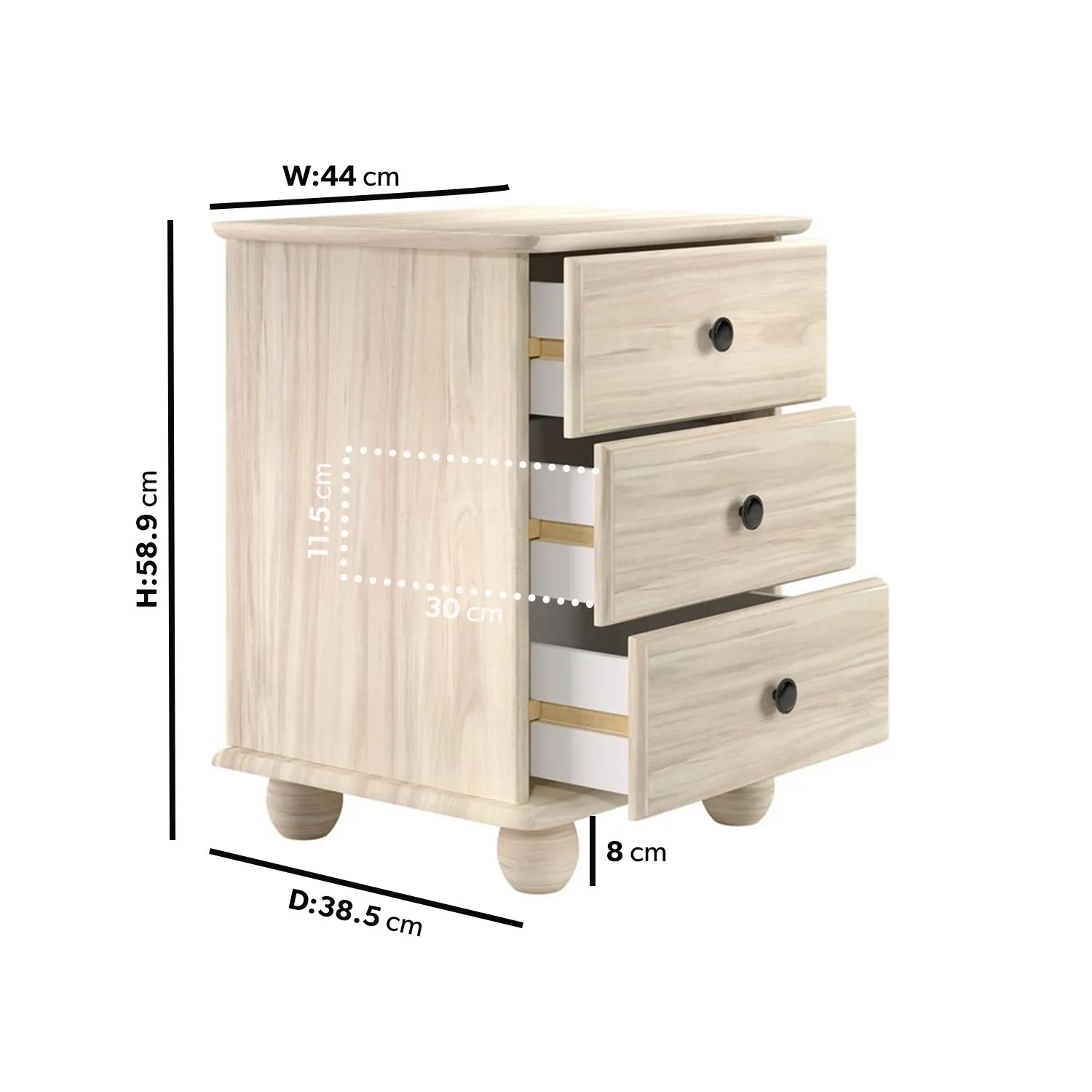 3-Drawer Bedside Table - Light Wood, Pine