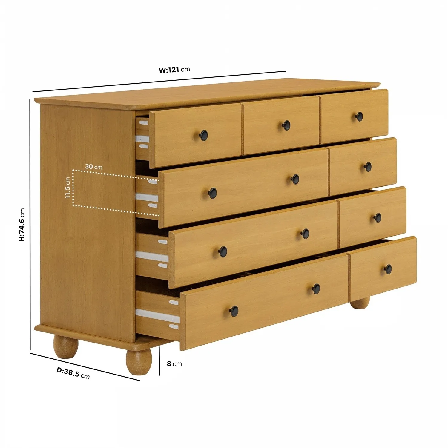 Wide 9-Drawer Chest of Drawers - Brown, Pine
