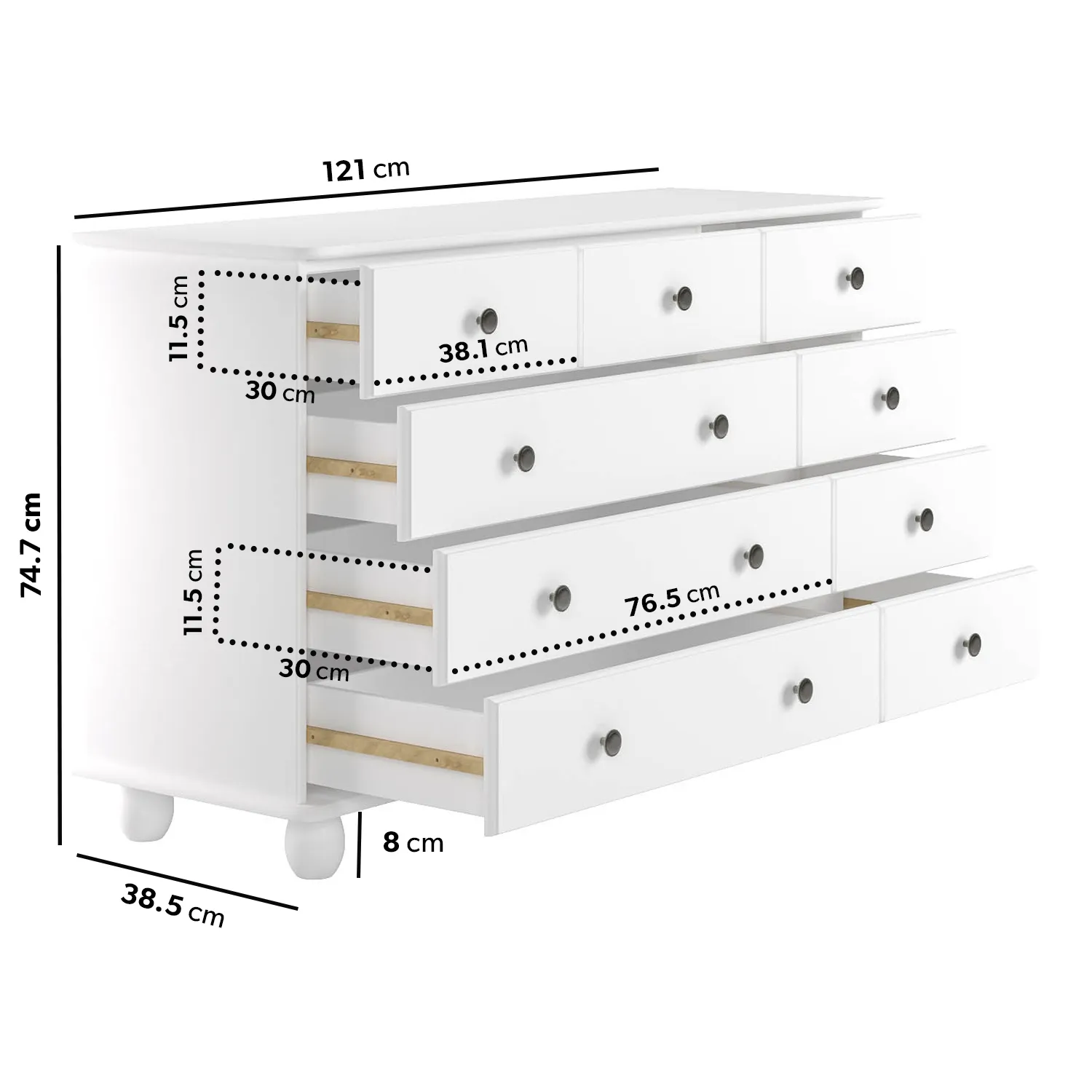 Wide 9-Drawer Chest - White, Pine Wood