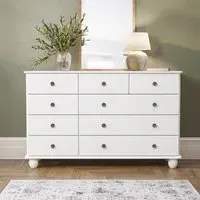 Wide 9-Drawer Chest - White, Pine Wood