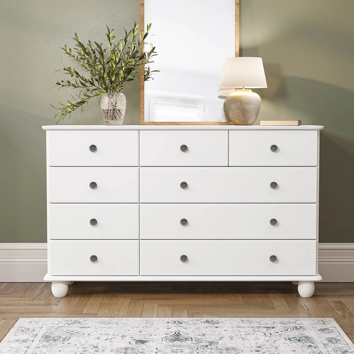 Wide 9-Drawer Chest - White, Pine Wood
