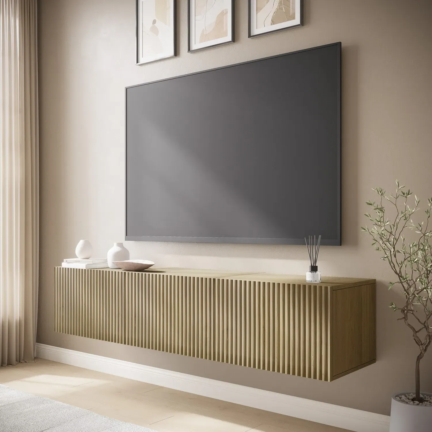 Floating TV Stand with Storage - Brown, Oak image