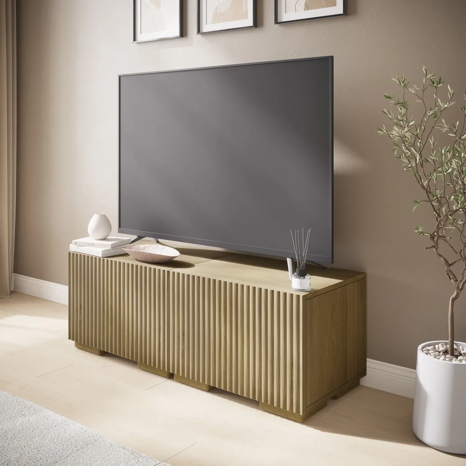 Ribbed TV Stand with Storage - Brown, Oak