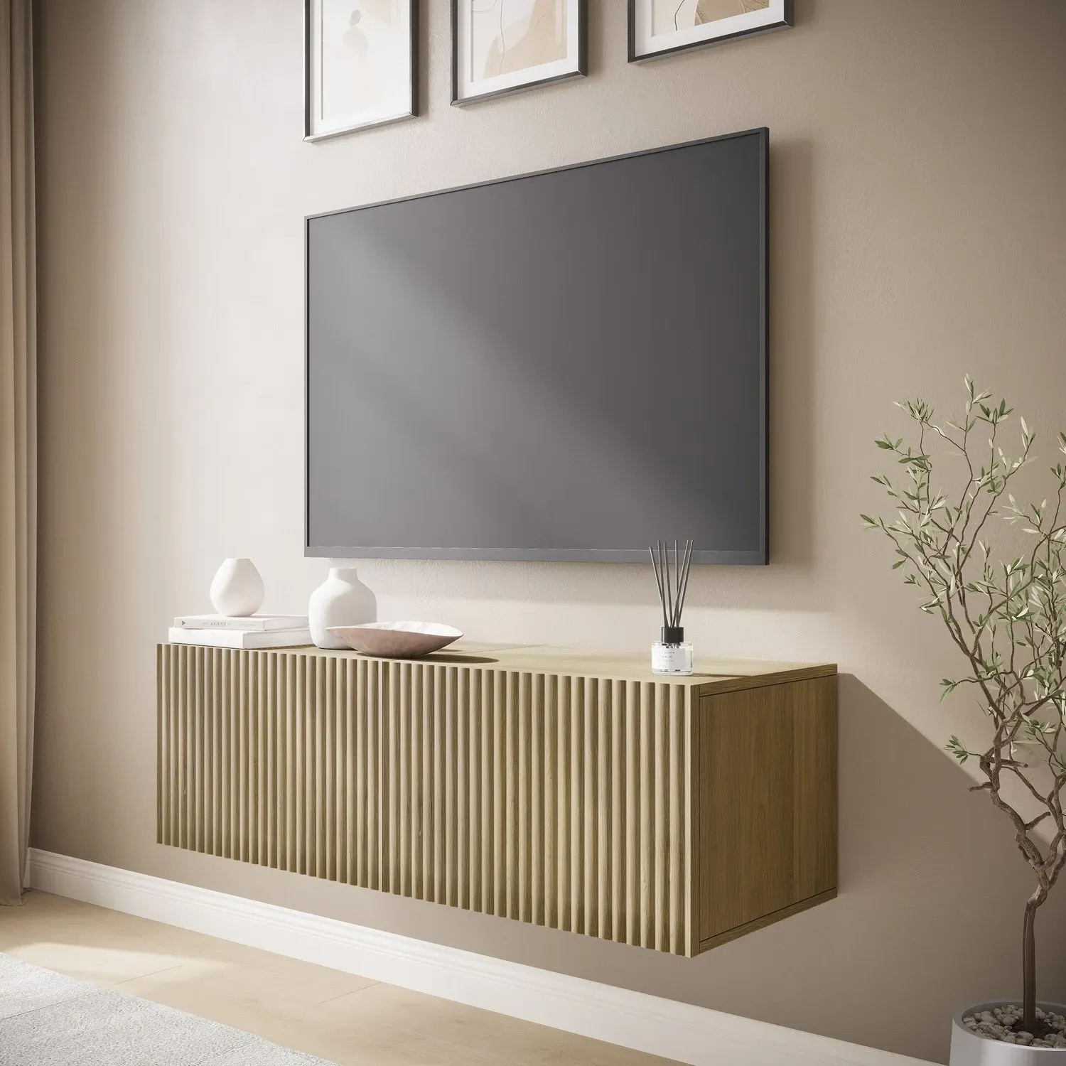 Ribbed TV Stand with Storage - Brown, Oak image